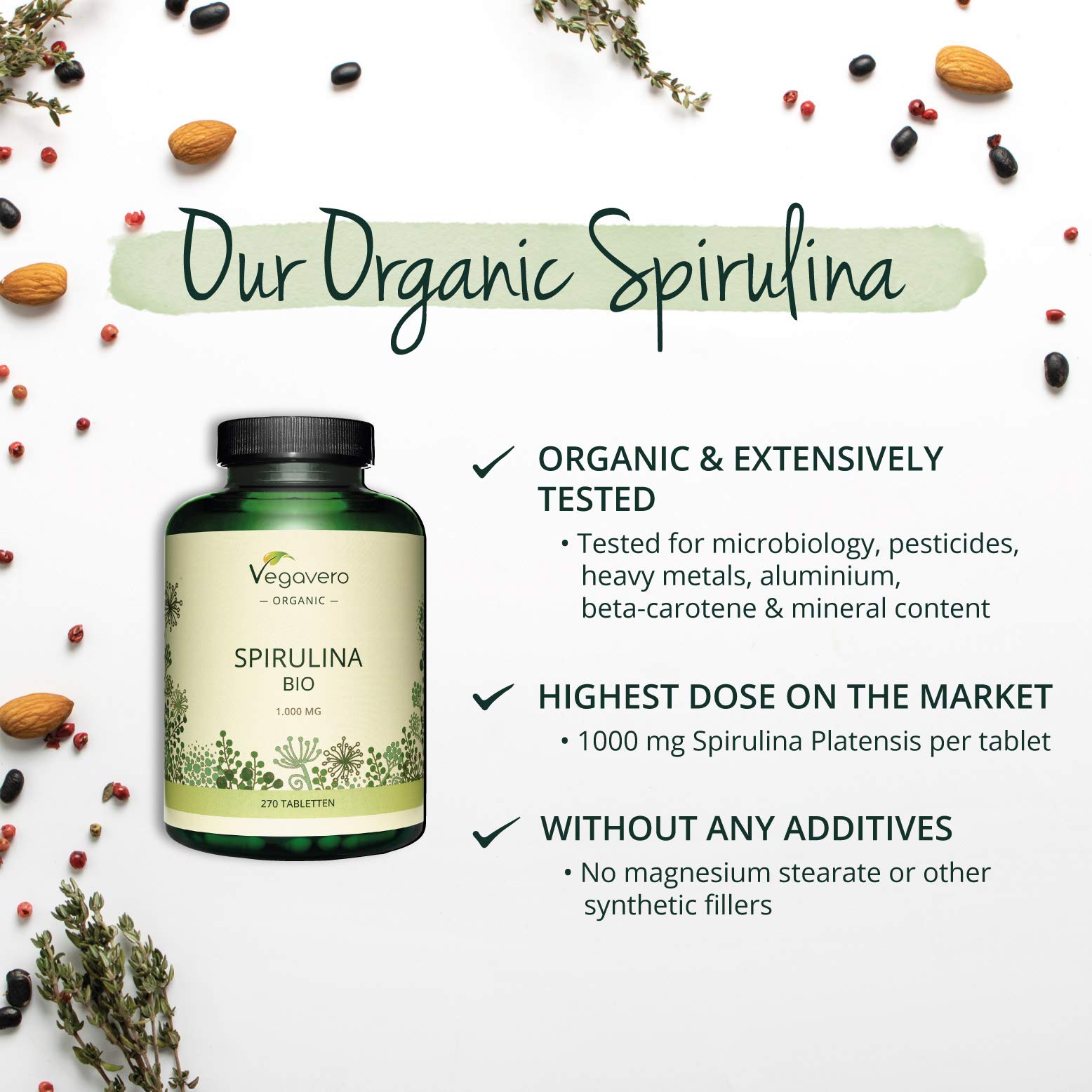 Organic Spirulina Vegavero® Highly Dosed 1000 mg per Tablet 270
