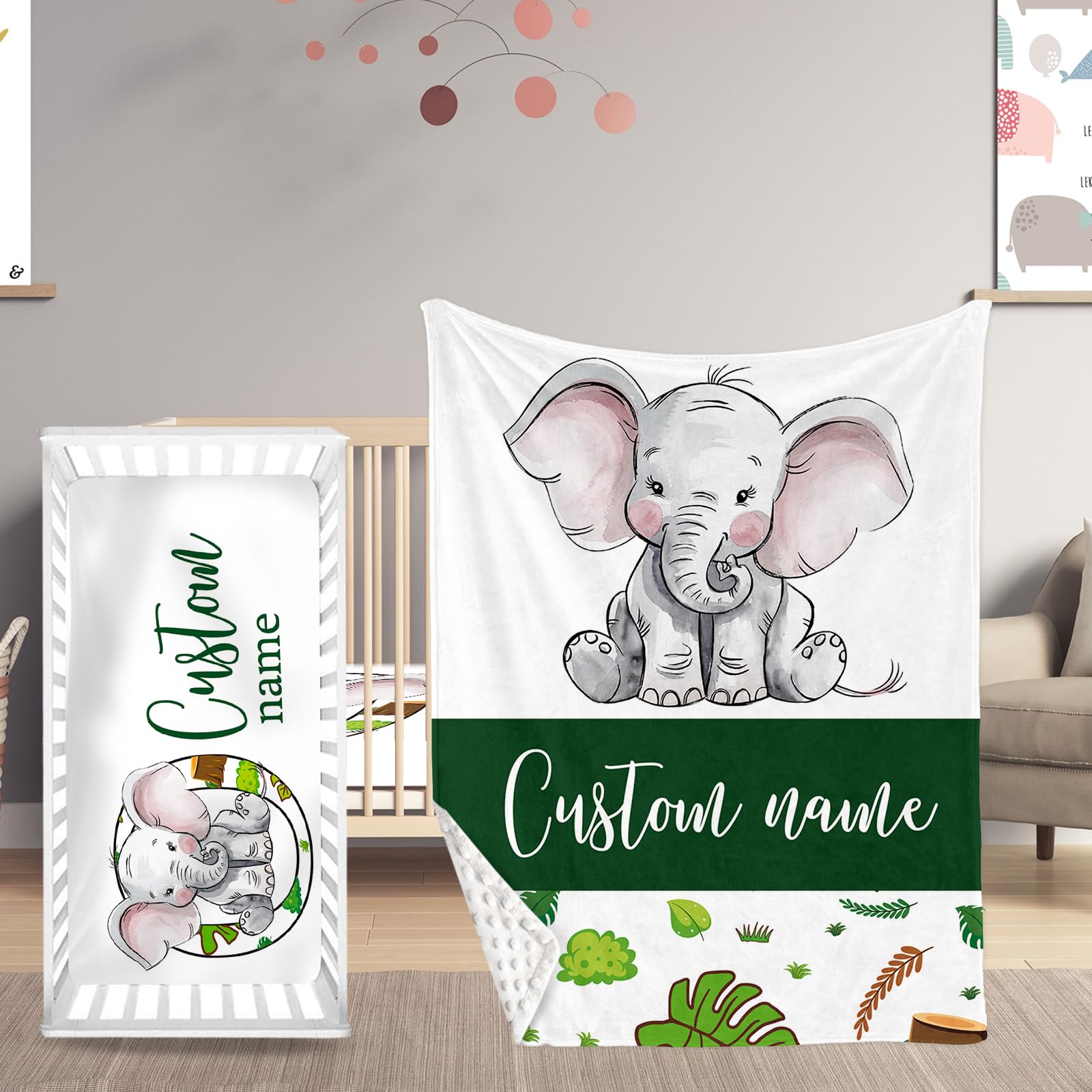 HSHRYY Personalized Name Baby Crib Bedding Set, Custom 2 Piece Set for Boys, Soft Blanket with Dotted Backing and Fitted Sheet, Lovely Elephant