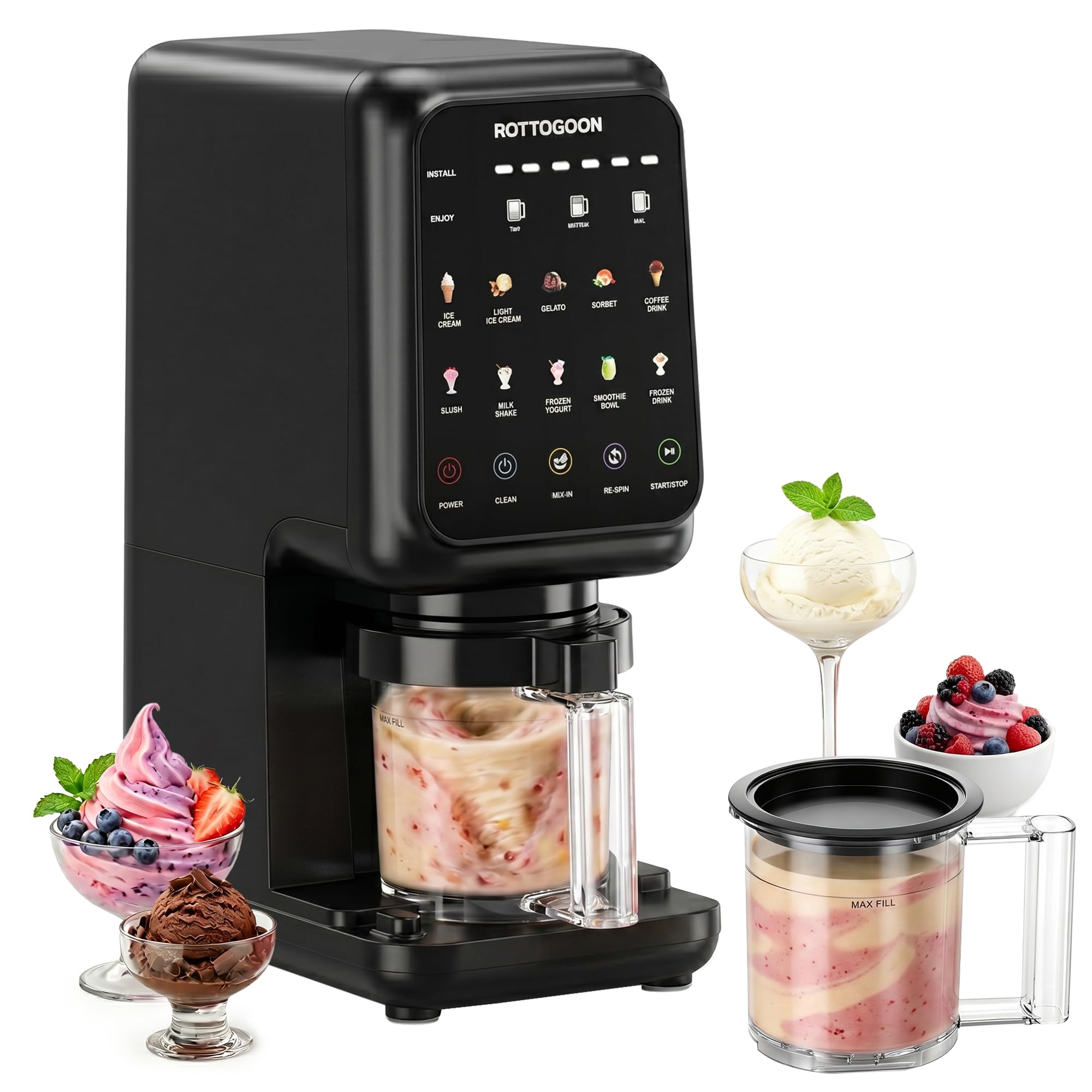 ROTTOGOON Eismaschine mit 3 Bechern 10 Programme für Eiscreme Sorbet Gelato & Frozen Yogurt 2-in-1 Geschmacksoption Softeismaschine für Zuhause mit Mix In Funktion & Automatisches Reinigungsprogramm