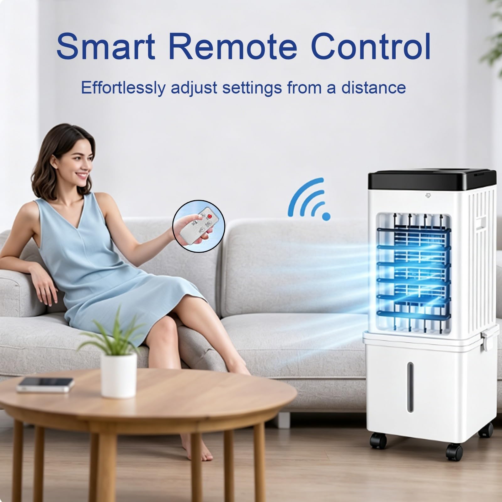 Enfriador de Aire con Control Remoto, 15 L Depósito de Agua Extraíble, 3 Velocidades, Oscilación de 90°, Enfriador Evaporativo para Dormitorios y Habitaciones