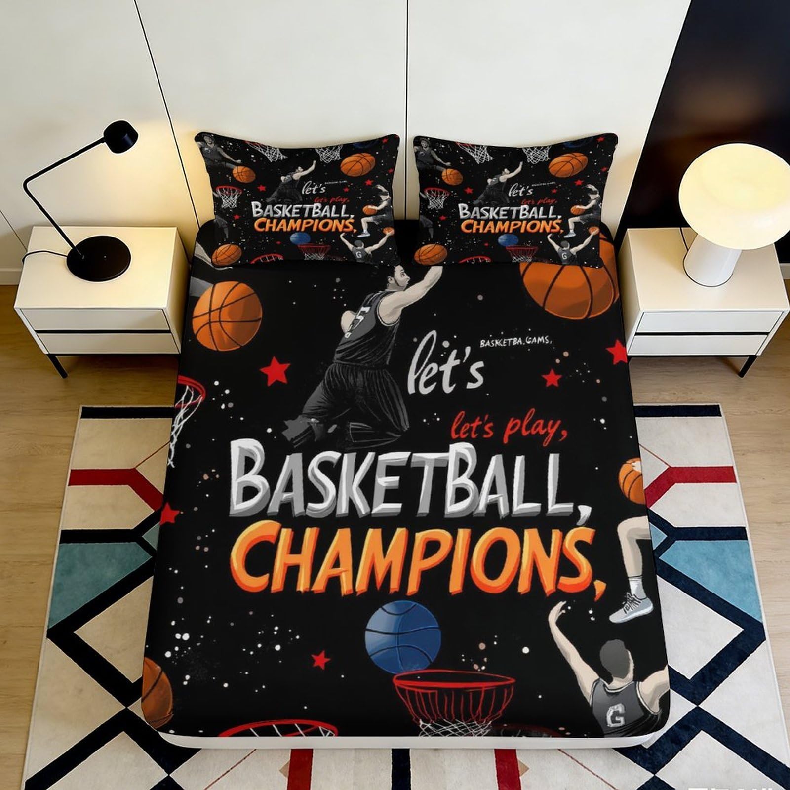 Jqzkxnhpbr Style-9 3D Printed Basketball Court Fitted Sheet Microfiber Soft Black Orange Champions Bed Cover For Bedroom Dorm Mattress Protection 90X200x25cm