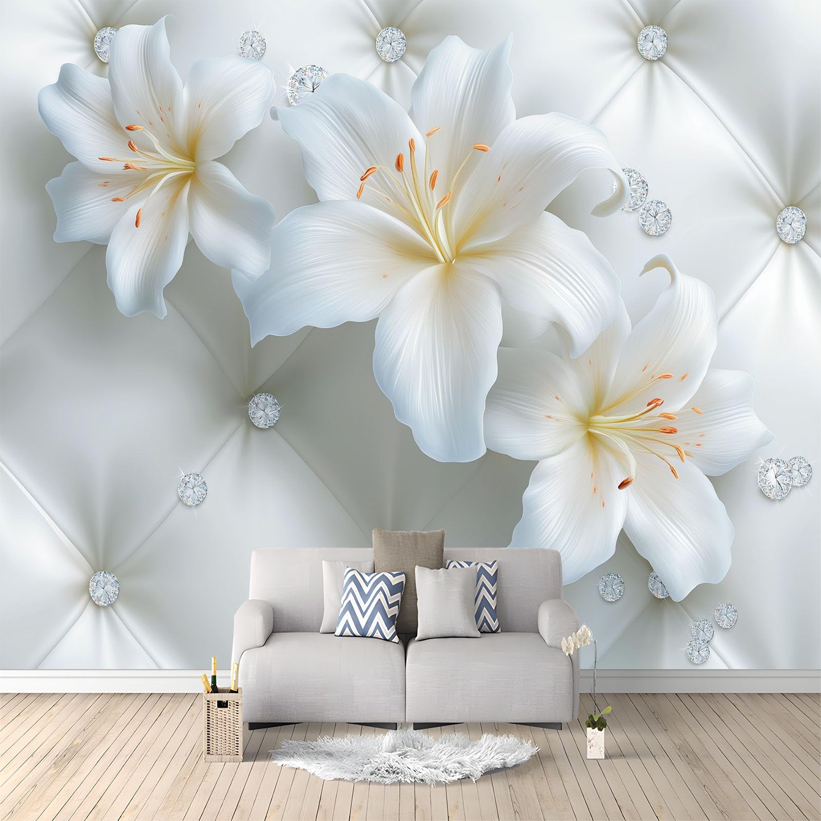 Papier peint intissé 3D fleur de lys blanc 250x175 cm pour décoration murale