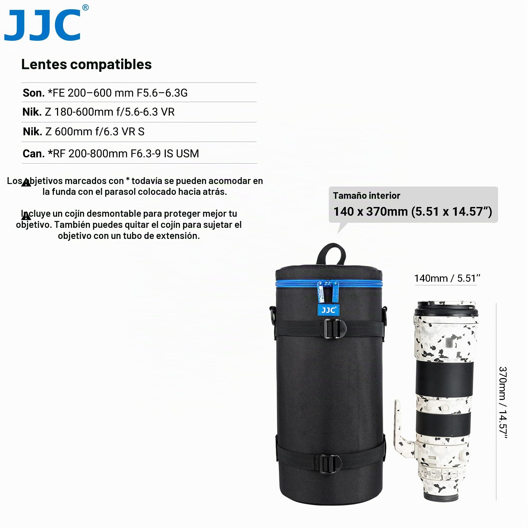 JJC Resistente al Agua Deluxe Funda Protectoras Bolsa con Correa para Sony FE 200-600mm F5.6-6.3G OSS, Nikon Nikkor Z 600mm F6.3 VR S, Z 180-600mm F5.6-6.3 VR Objetivo y Lentes con 140 x 370mm