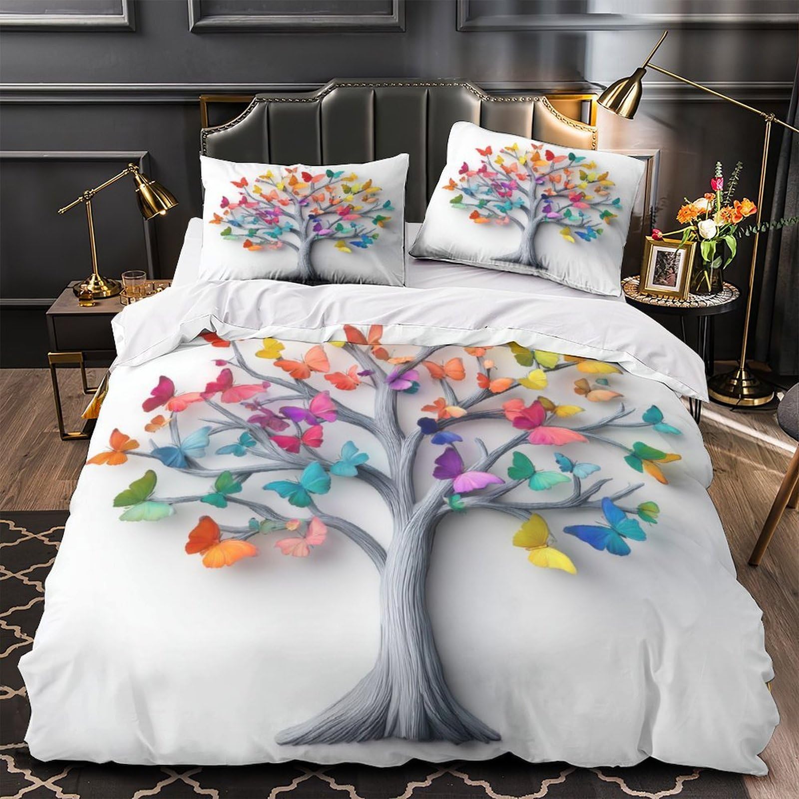 MMDASBVPE Colorful Butterfly Tree Comforter Cover 3D Print Wrinkle-Resistant 3PCs Bed Linen Hidden Zipper Quilt Cover Extra Soft Washable for Teens Youth Adults Women Kids Boys Single（135x200cm）