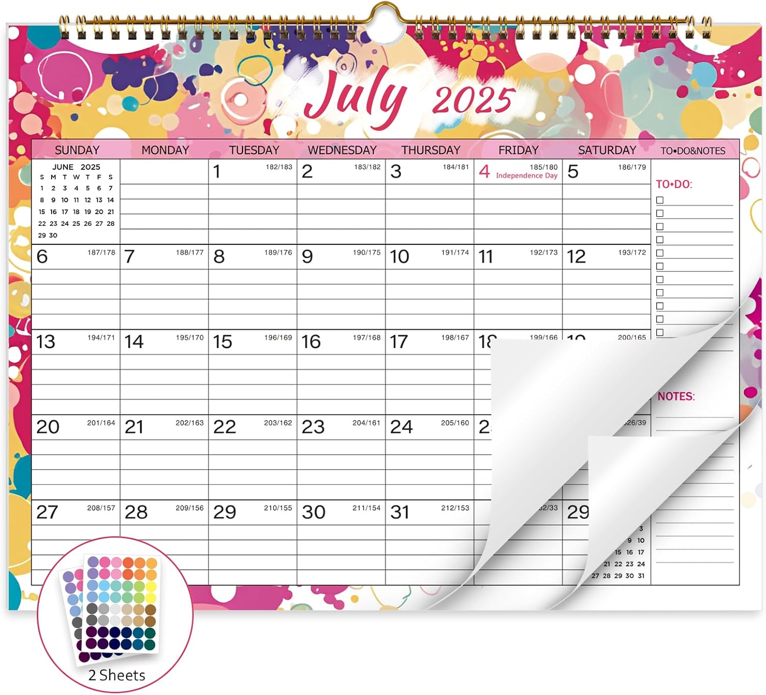 2025-2026 Wall Calendar, Calendar 2025-2026, 18 Month Calendar July 2025 - December 2026, 14.8" X 11.5", Calendar with Twin-Wire Binding, Hanging Hook and Julian Dates (Multi Colorful)