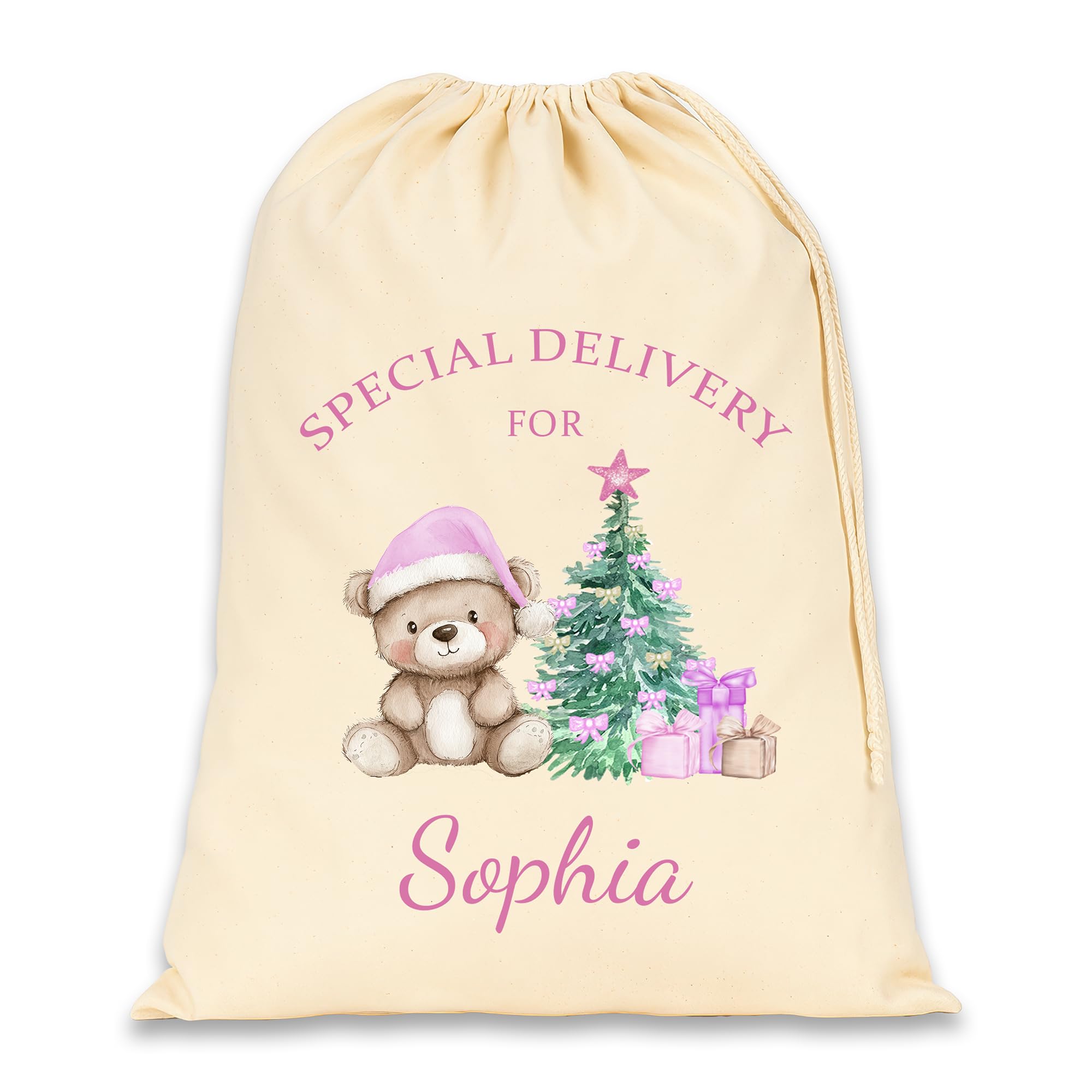 Chicken Craft Personalised Santa Sack with Custom Name - Large Christmas Sack for Gifts - Xmas Gift Bag for Under Tree - Christmas Eve Bag - Christmas Stocking Alternative - Pink Teddy Bear (Cotton)