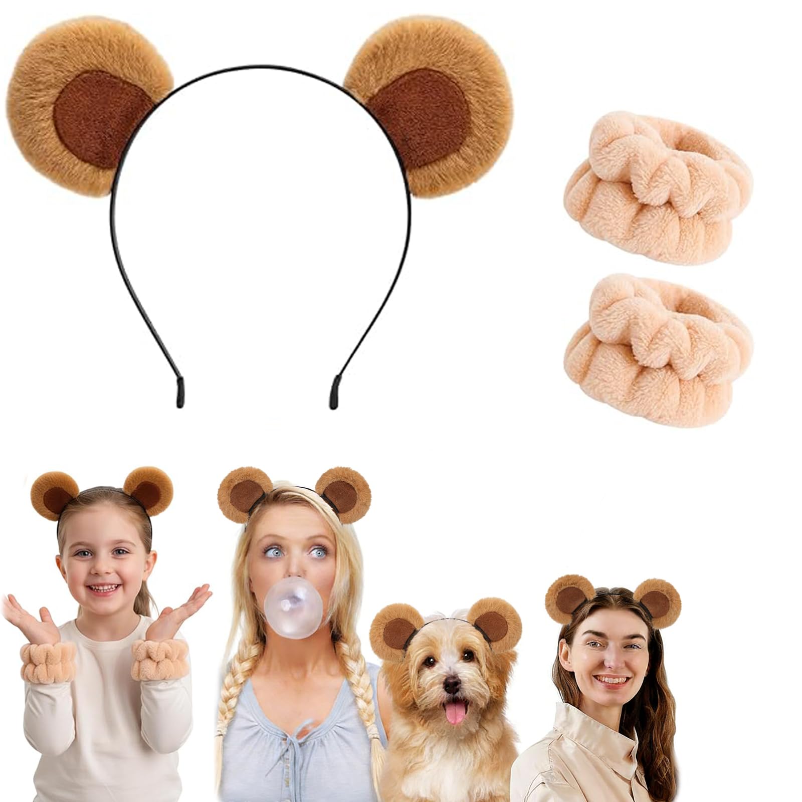 3 Piece Bear Ears Headband Set, Complete Bear Costume with Adjustable Headband and Wristbands