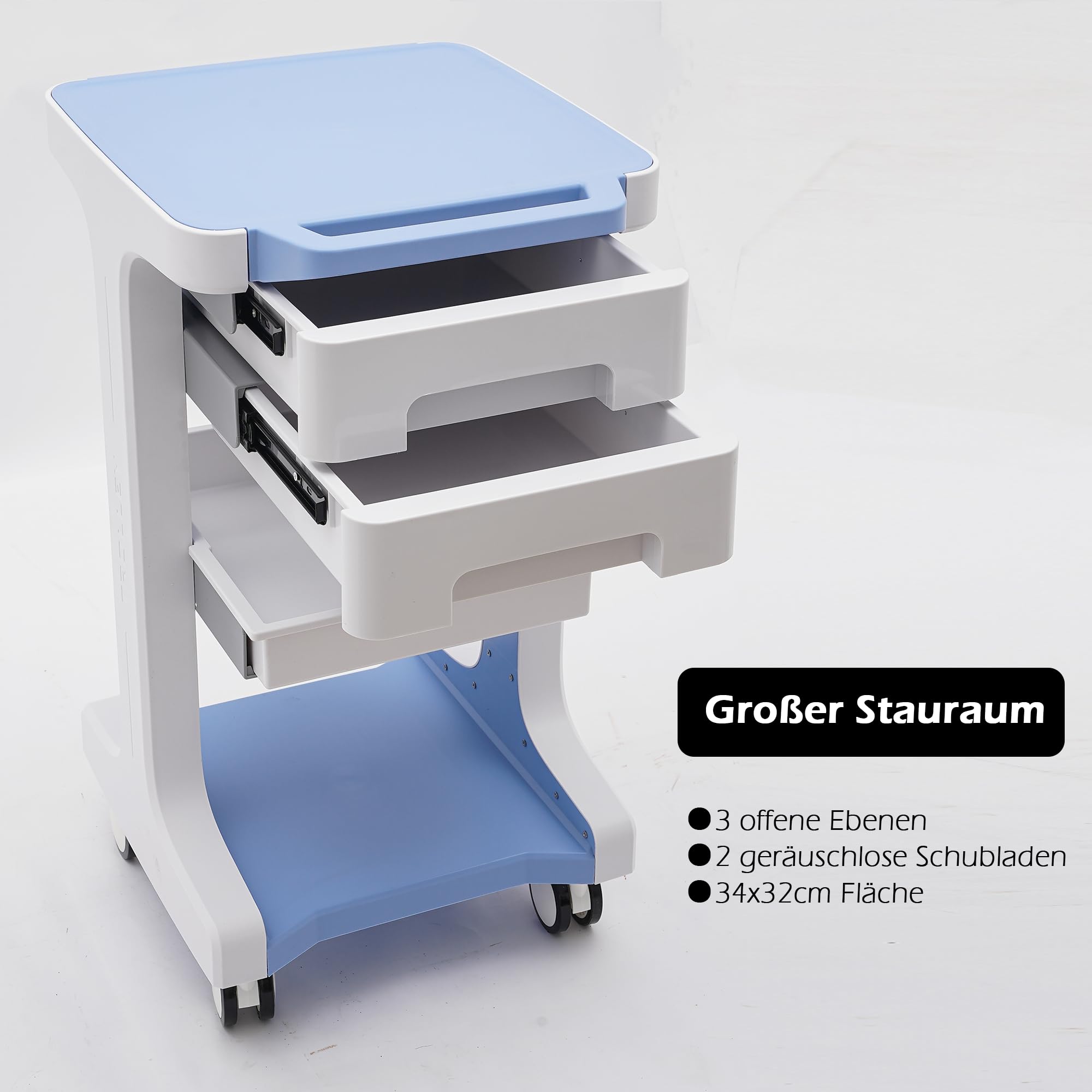 OUKANING Carrello medico con 2 cassetti, 41 x 41 x 67 cm, carrello da 50 kg, con vano portaoggetti, carrello per cosmetici, 4 ruote universali per parrucchiere, colore blu