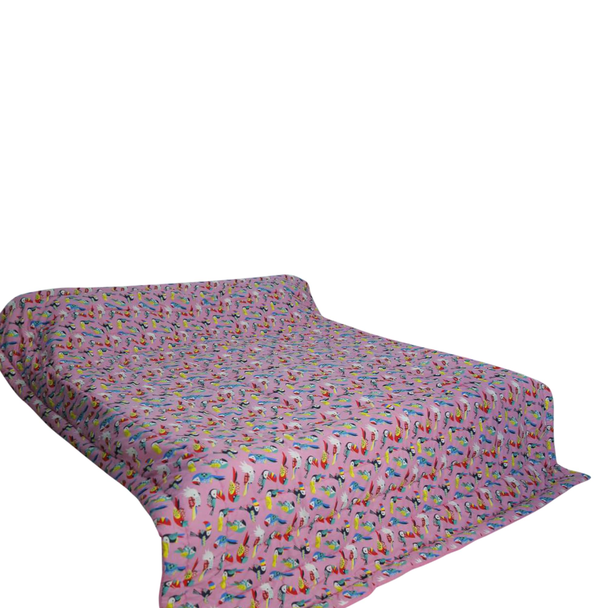 TAJ OVERSEAS,Pink Parrot Printed Cotten Quilt(Size : 90"x100" Double Bed)(Feeling -150GSM Polyfill)