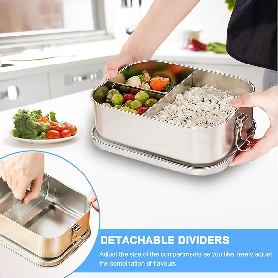 Stainless Steel Lunch Box, Metal Lunch Box with Removable Divider 850ML | Leakproof Stainless Steel Bento Box with Lock Clip, Leakproof Lunchbox for Adults Camping Travel School Work