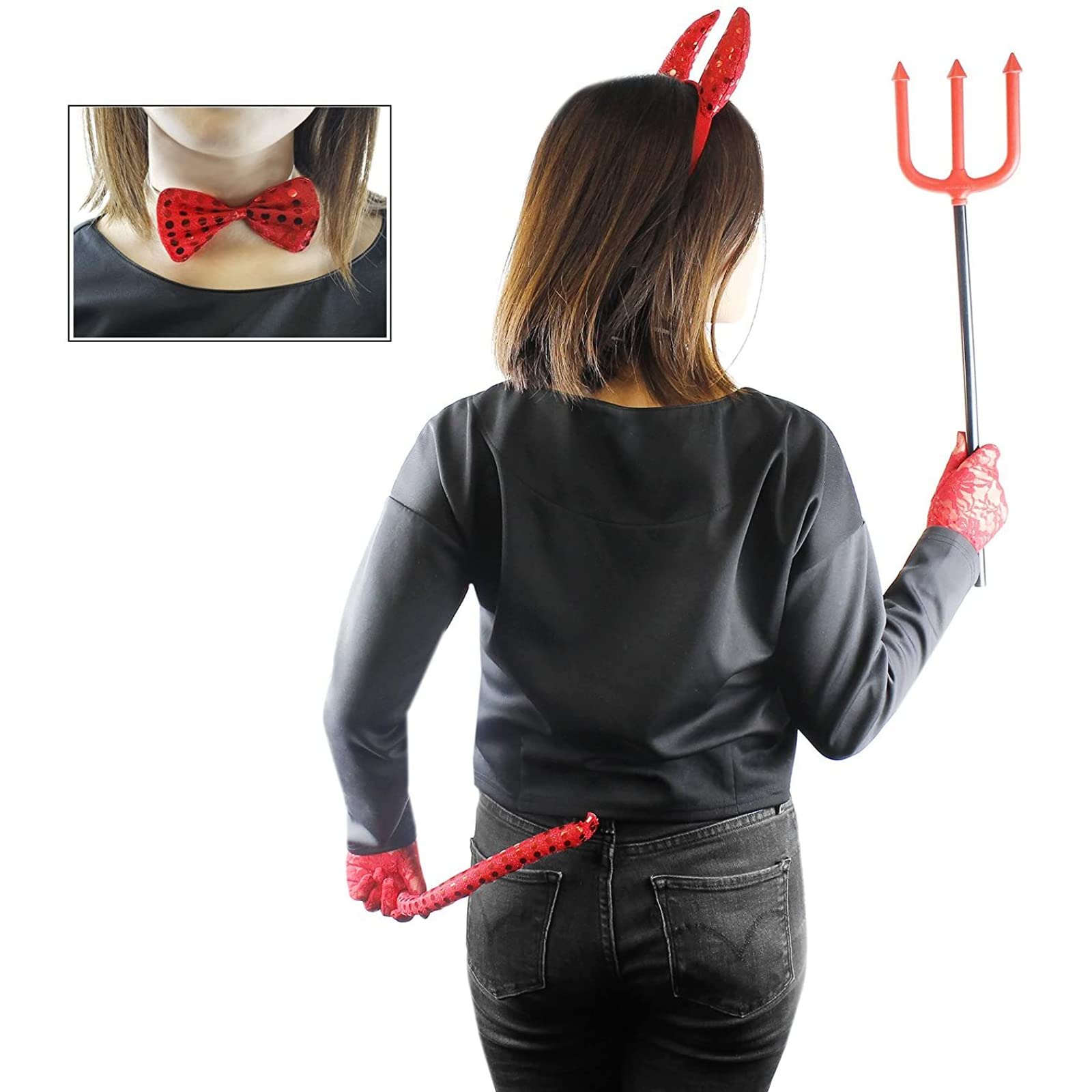 BLUE PANDA 5 Piece Devil Halloween Costume for Girls Ages 6-14 with Red Horned Headband, Bow Tie, Tail, Pitchfork, and Gloves, Complete Girls Devil Costume Set for Halloween Parties and Dress-Up