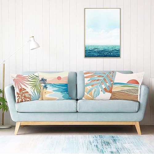 Miniatura 2 de Bonhause Juego de 4 fundas de almohada modernas de 20 x 20 pulgadas con diseño de hojas de palmera para exteriores, de terciopelo suave, decoración