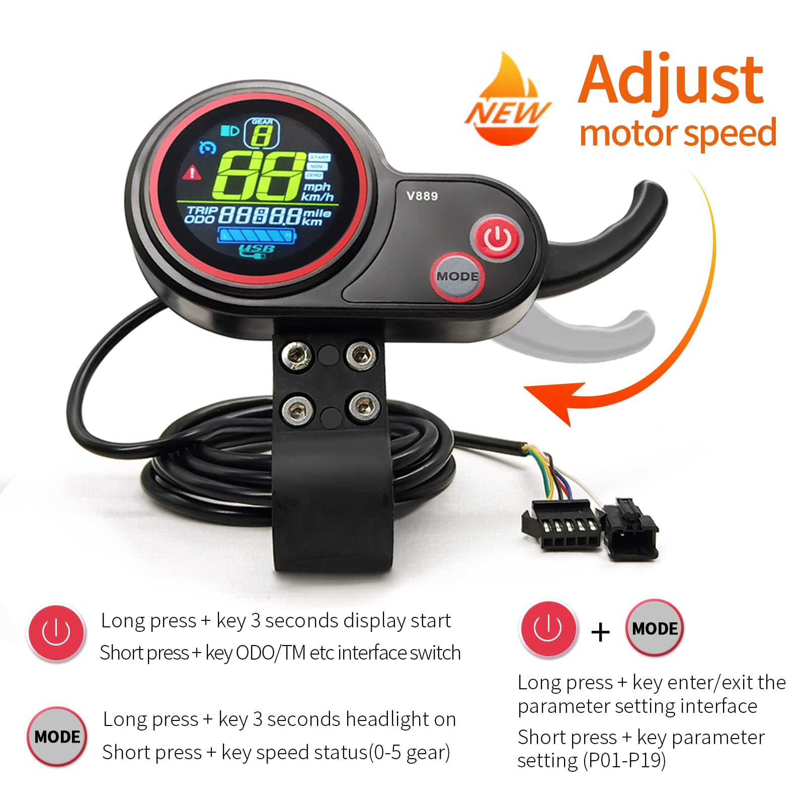 HUDAMZKY Electric Scooter Ebike 26A/30A Sine Wave Controller with LCD V889 Display for 1000W Hub Motor Electric Bike Accessories