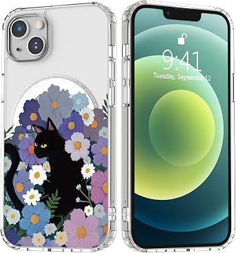 Black Cat Magnetic Clear Phone Case for iPhone 13 Pro Max,Floral Durable Protective Shell Transparent Unique Design Soft TPU Bumper Slim Shockproof Cover with Built-in Magnet Ring