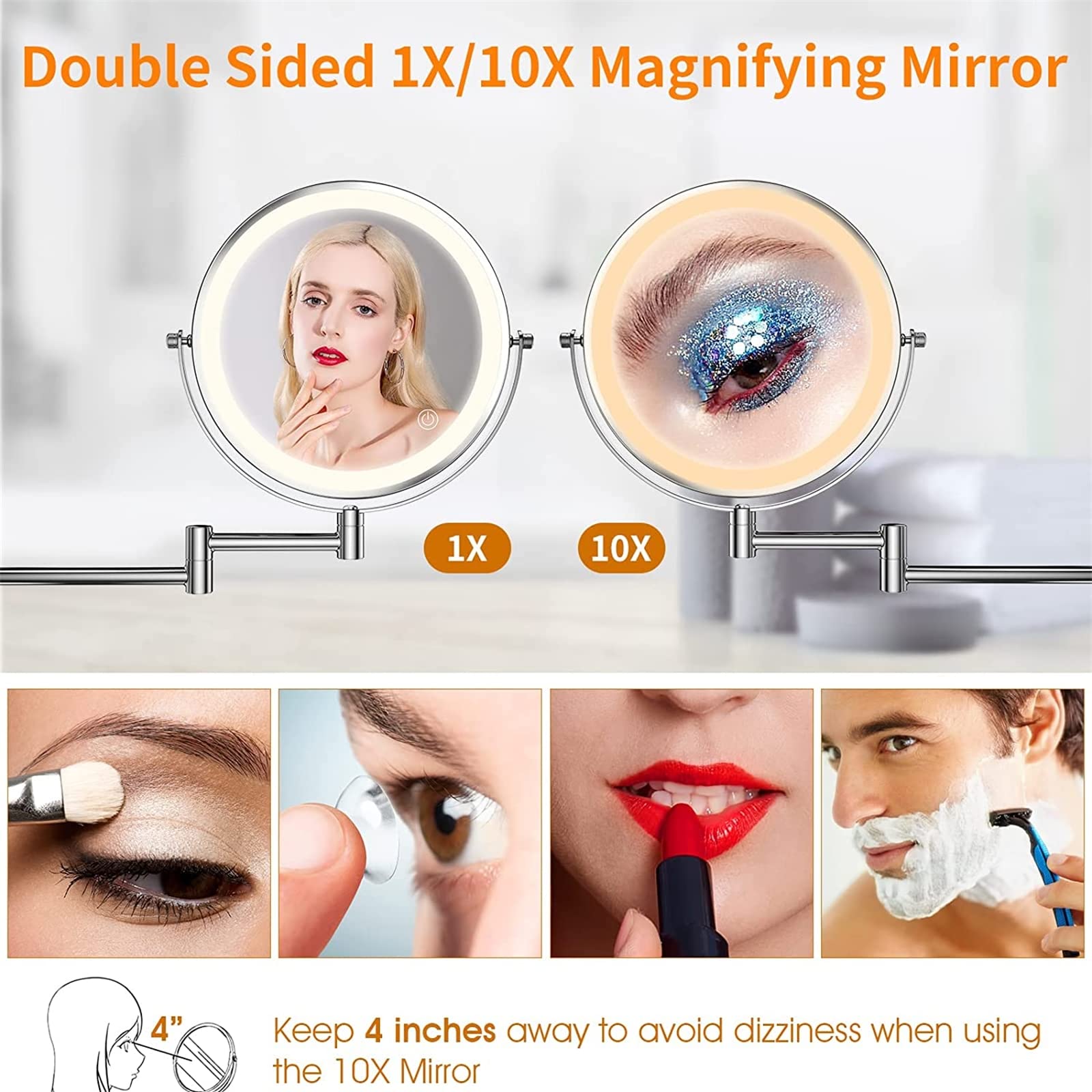 Make-up-Spiegel, 20,3 cm, Messing, Chrom, Wandmontage, wiederaufladbar, 2-seitige LED mit Touchscreen-Dimmung und 3 Farbeinstellungen, 1 x 10 x Magnifin, ideal für Badezimmer und Rasur