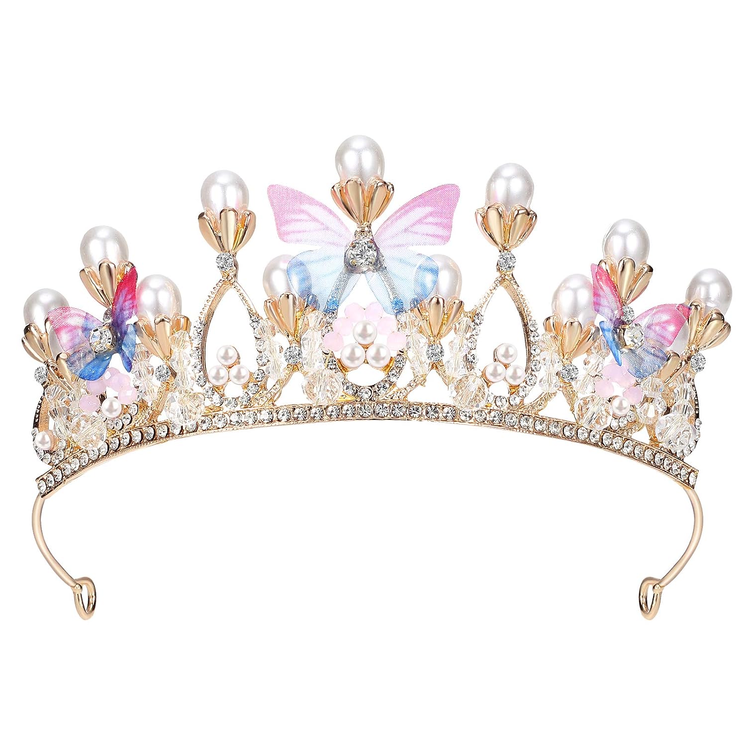 Lurrose Butterfly Princess Crown Pearl Butterfly Princess Tiara Headband Girls Birthday Crown Rhinestone Wedding Bridal Crowns for Prom Party