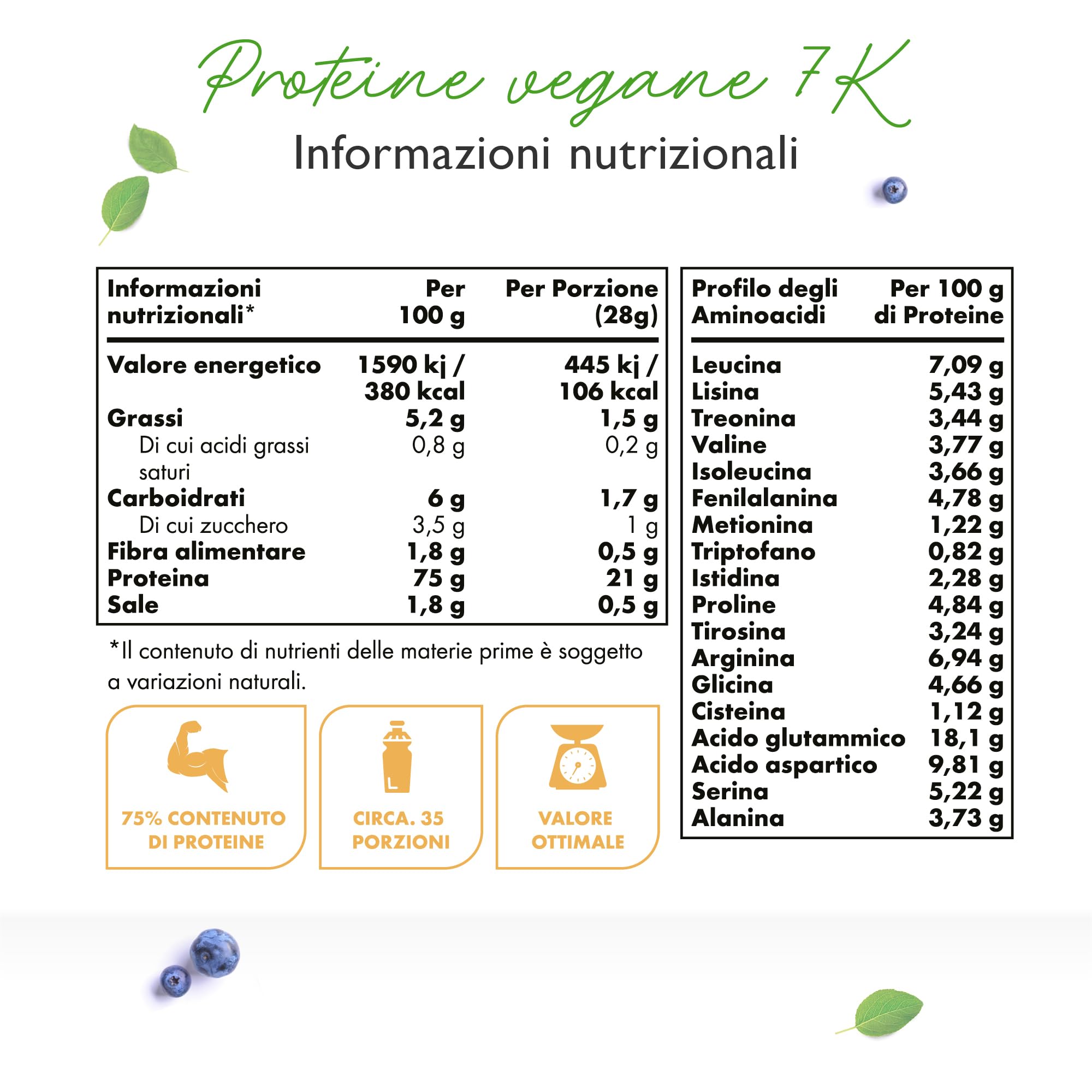 Vegan 7K Protein - 1kg - Cookies & Cream - Proteine vegetali pure in polvere con proteine di riso, mandorle, soia, piselli, canapa, mirtilli, girasole