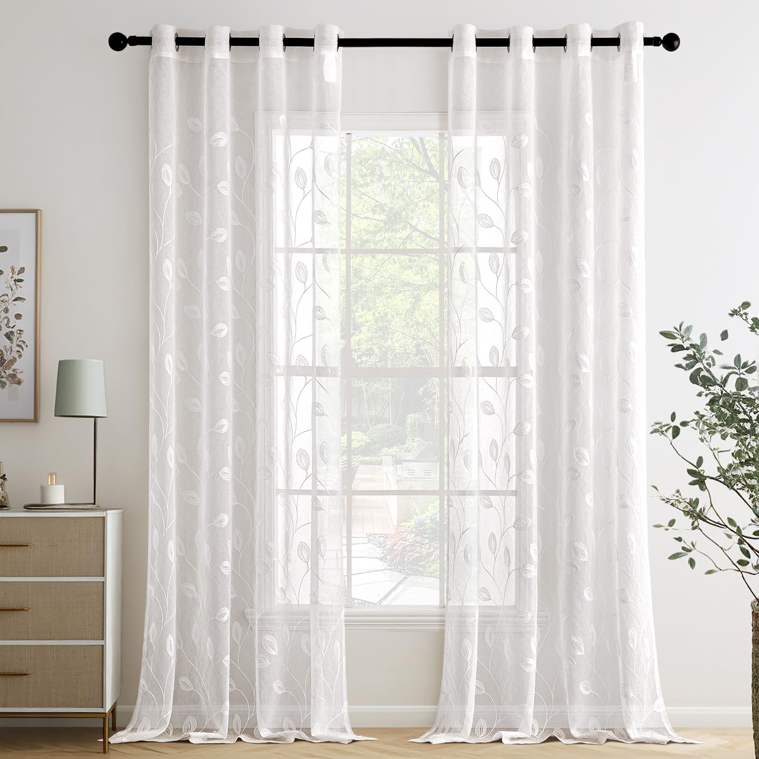 MIULEE Cortinas Salon Modernas con Bordado de Hojas 2 Piezas, Lindas Cortinas Visillos Dormitorio Matrimonio con Ojales, Cortinas Translucidas Salón con Hojas Motivos 140x260 Blanco