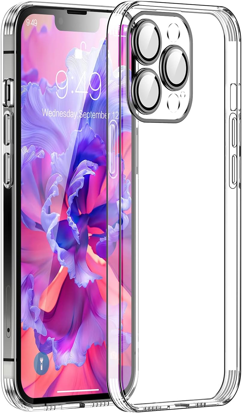 Kevkeek Iphone13promaxと互換性があります レンズ 全面保護 ケース 全 透明 背面 強化 ガラス クリア 超 薄 型 軽量 ハード 耐衝撃 吸収 ガラス ソフト 使い勝手の良い バンパー ストラップホール付 落下防止 スマホケースカバー 保護 6 7インチ ワイヤレス Magsafe充電