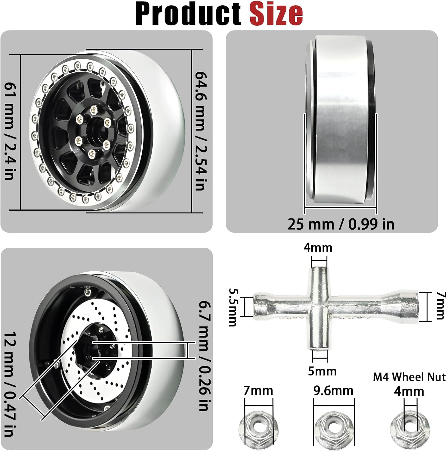 2.2" Beadlock Wheels 25mm Width, 100g Aluminum Alloy Offset 0mm Rims for Axial Wraith, SCX10, TRX4 D90 90048 RR10 1/10 RC Crawler Car, 2.2in Narrow RC Beadlock Wheels with Brake Disc (Silver Black)