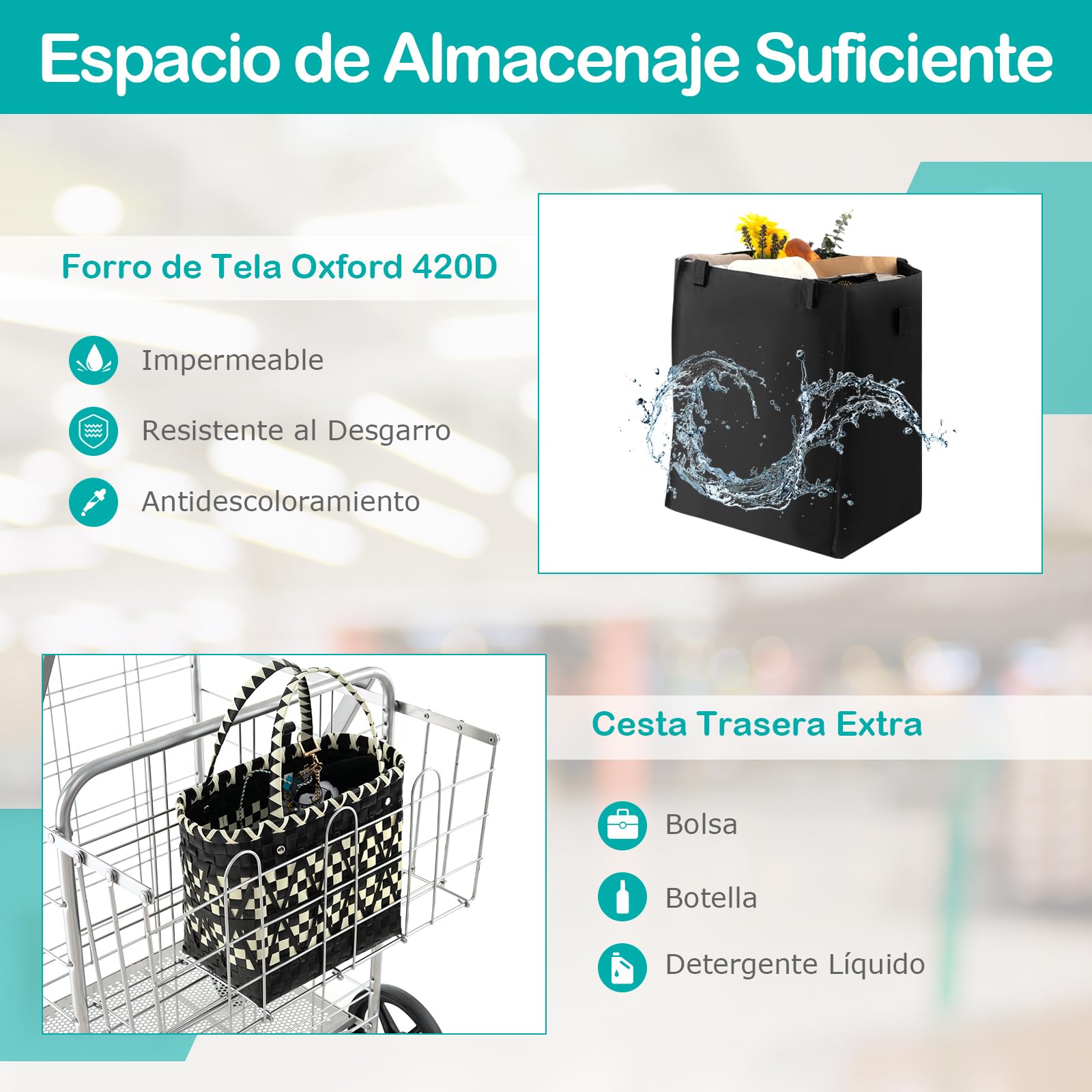GOPLUS Carro de la Compra Plegable 126L, Carrito Compra Portátil Grande con Ruedas Universales y 2 cestas, Bolsa Impermeable Extraíble, Carga Máxima 150KG, Ideal para Lavandería Equipaje, Plateado