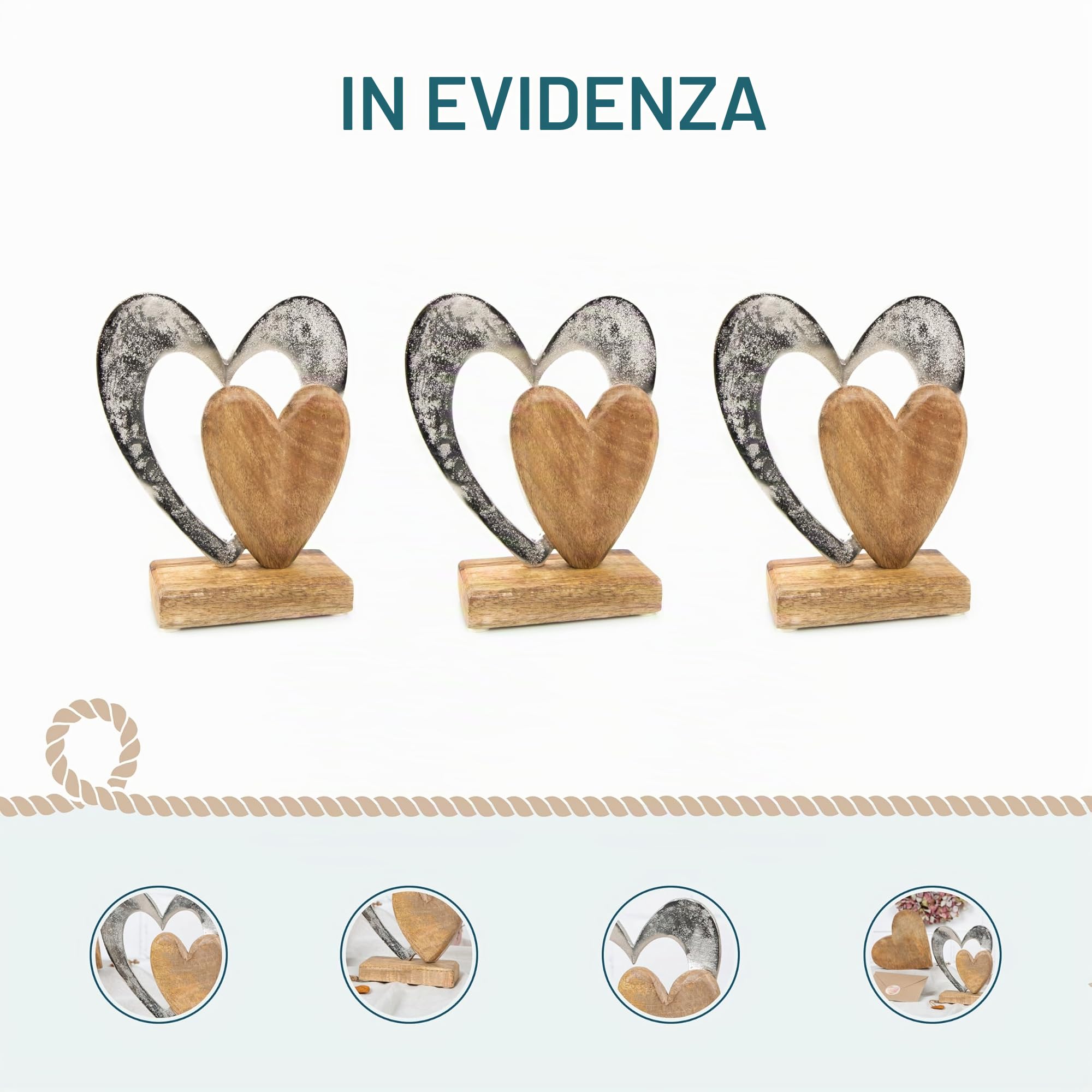 Statua decorativa cuore: figura decorativa da appoggio, scultura in metallo e legno, regalo matrimonio, compleanno e San Valentino, decorazione soggiorno moderna, soprammobile cuore, 21 x 16 x 6 cm