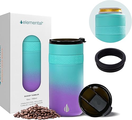 Elemental Duo-Sip - Vaso aislado 2 en 1 con tapa 100% a prueba de fugas y tapa delgada de 12 onzas, vaso de acero inoxidable de triple pared para
