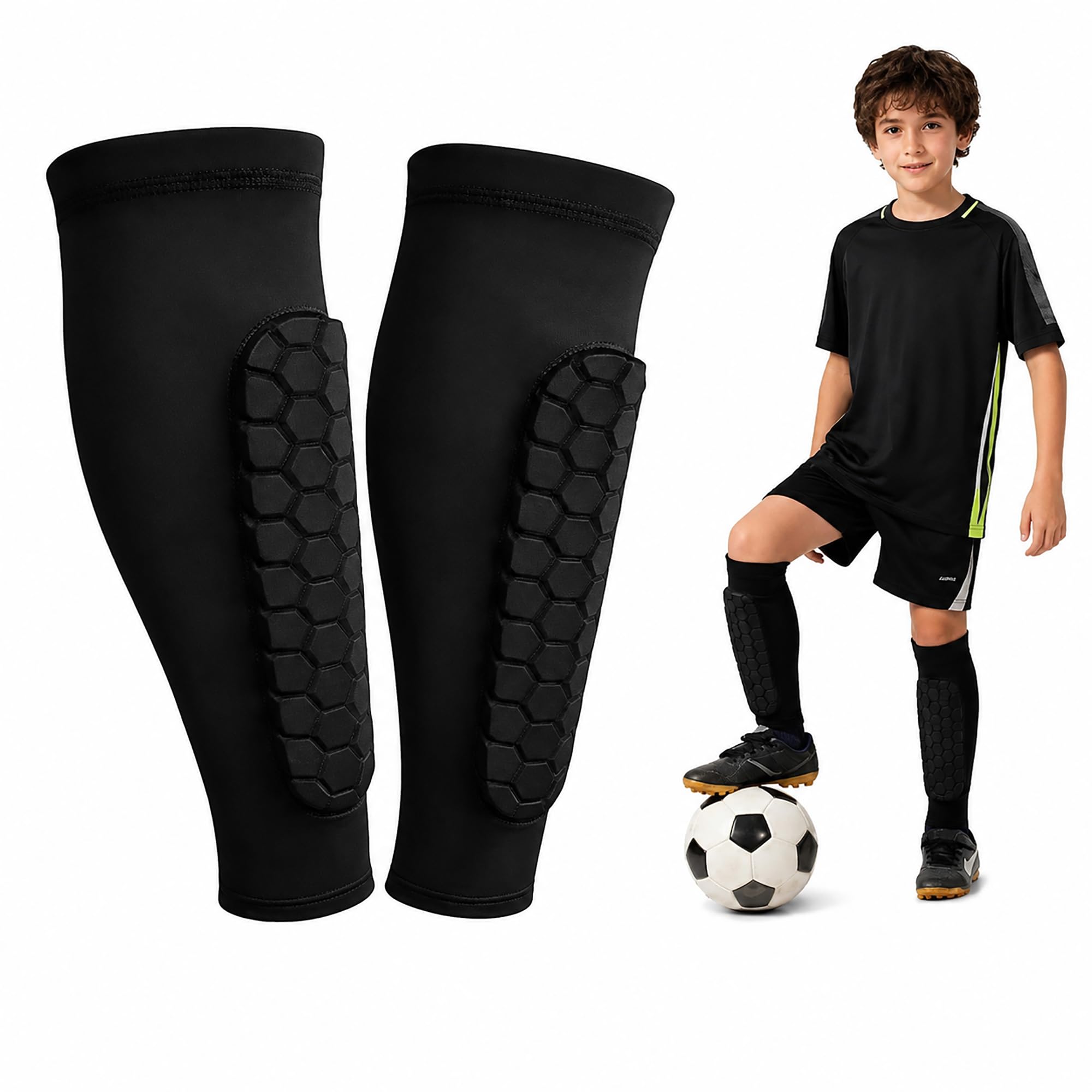 Football Shin Pads Guards for Youth, Shin Guards for Defender Honeycomb Compression Sleeve, Elastic Breathable Knit,Protective Shin Pads for Football, Soccer, Skiing & Rugby H21-FWXTWT