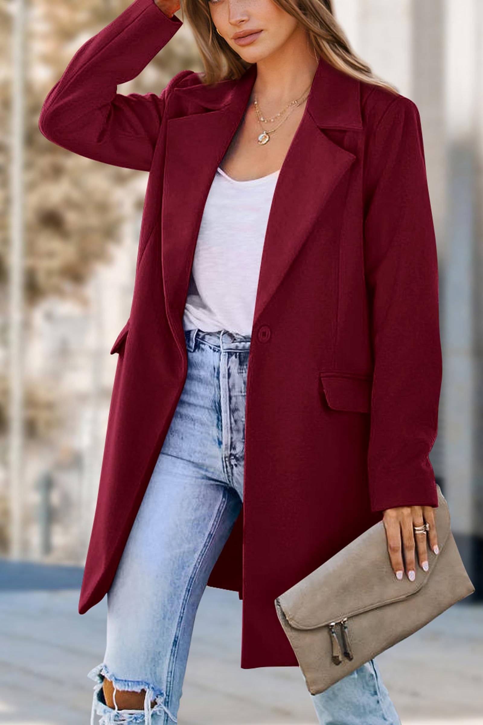 PRETTYGARDEN Women's Business Casual Long Blazer Jackets(Wine Red,S) view 8