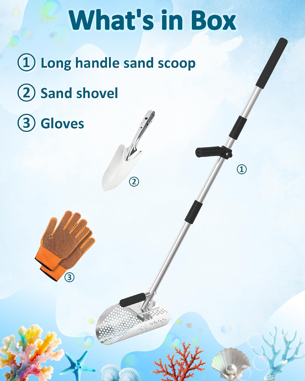 Sand Scoop for Metal Detecting, Metal Detector Sand Shovel Accessories for Beach, Stainless Steel Sand Sifter Digging Tool, Long Handle Fast Sand Sifting Flea Rake (45")