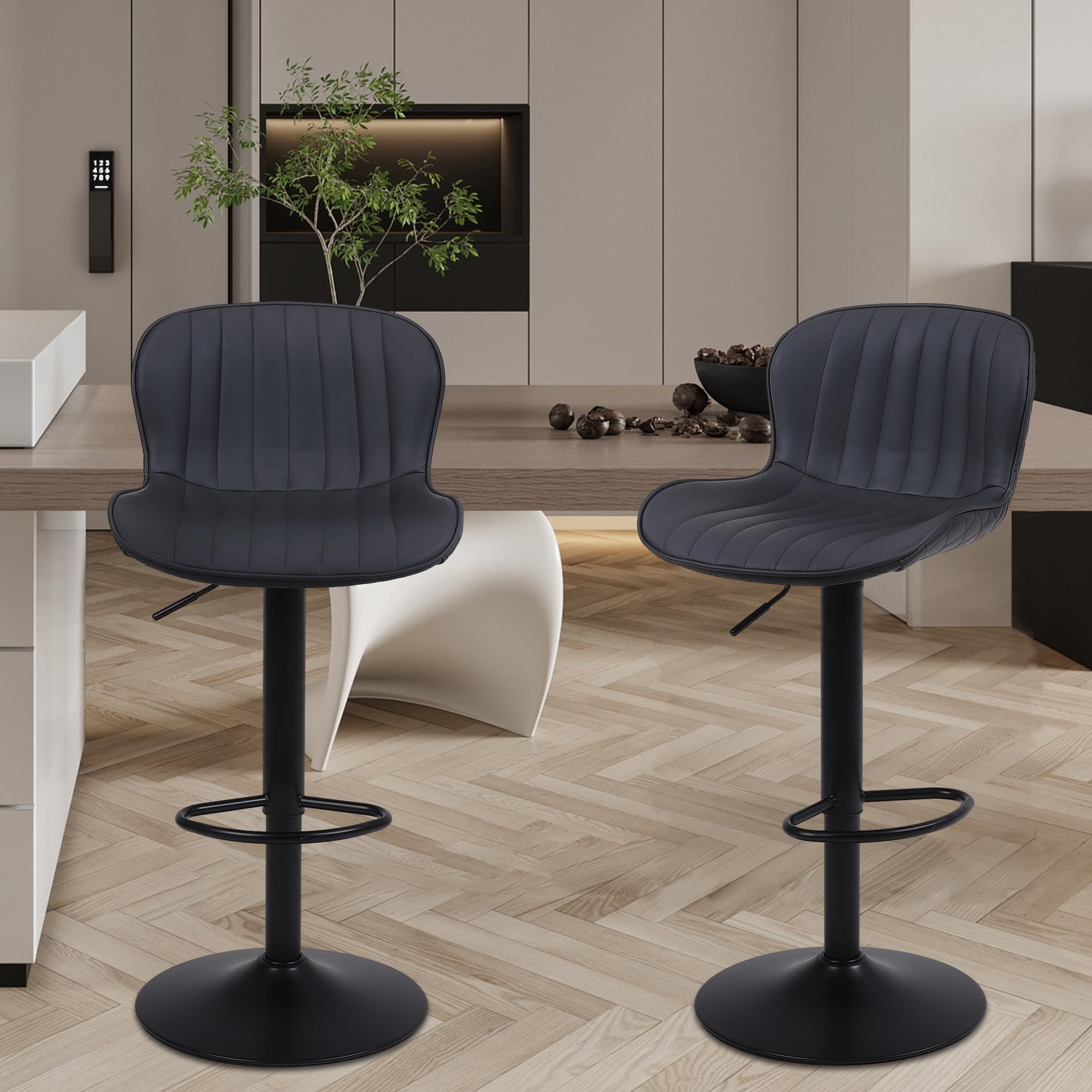 Barhocker × 1, Barstuhl Höhenverstellbar, Küchenstühle mit Rückenlehne und Fußstütze, 360°Drehbar, für Küche, Wohnzimmer und Esszimmer, Schwarz
