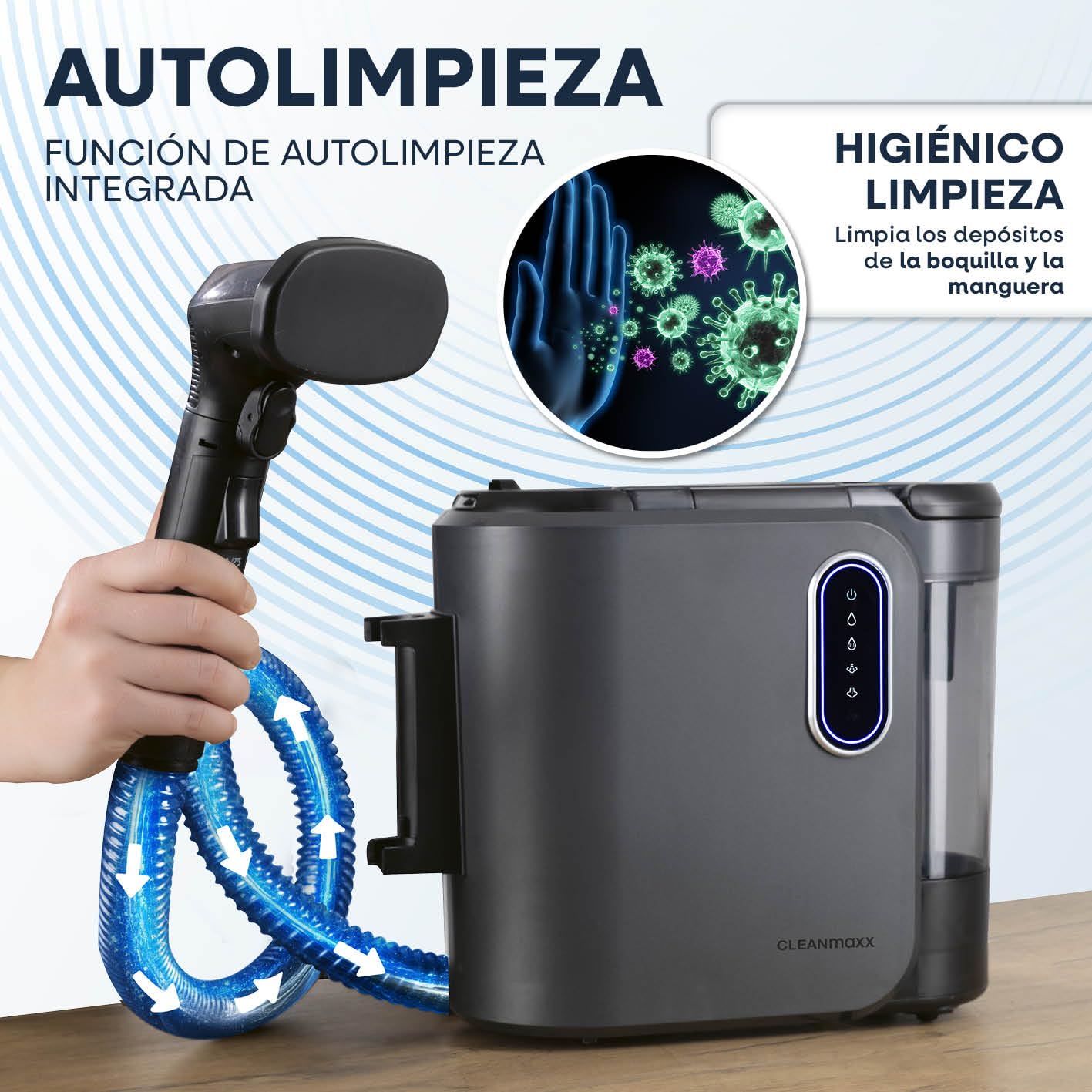 CLEANmaxx Limpiador de tapicería y alfombras Pro Steam | 3 en 1: limpiador de tapicería, limpiador de puntos, limpiador de manchas con tecnología de agua caliente y vapor para alfombras, coches