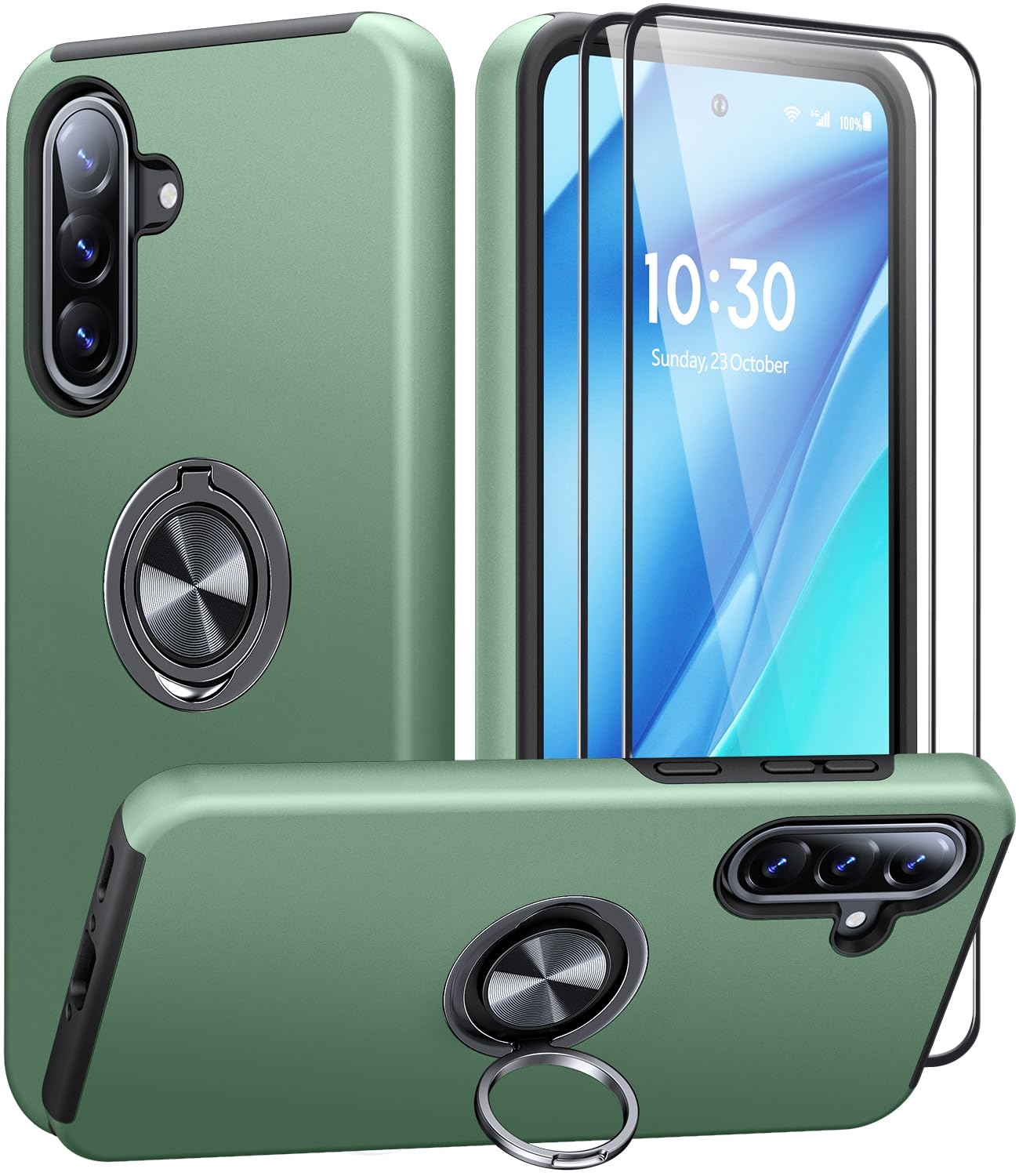 AOUIA für Samsung Galaxy A56 5G Hülle mit 2 Stück Panzerglas, Militärischer Stoßschutz Samsung A56 5G Hülle mit 360° Drehbarer Ring Kickstand Handyhülle für Samsung A56 5G, Alpengrün