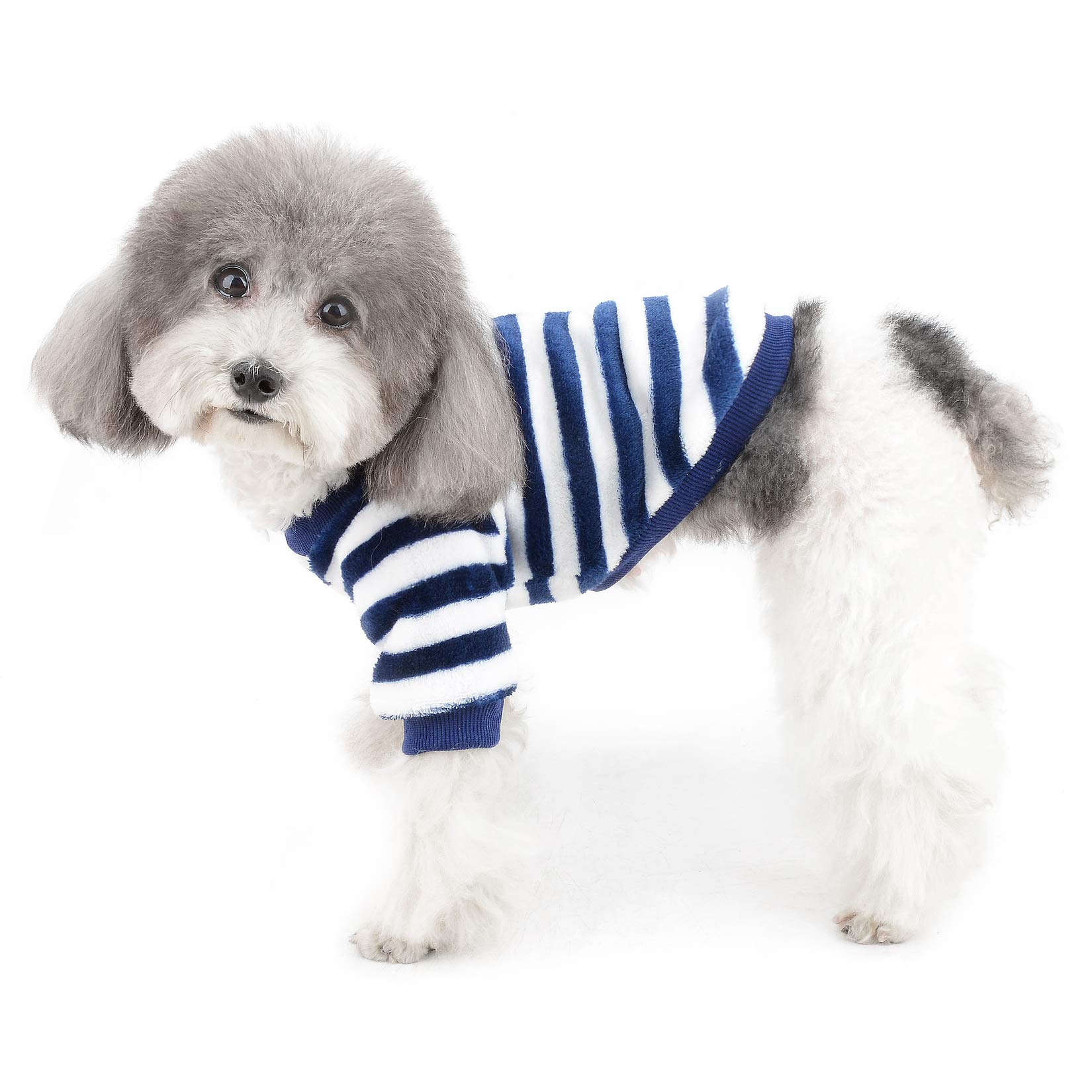Ranphy Small Dog Striped Sweaters for Pets Winter Clothes Puppy Cat Warm Fleece Outfit Doggie Soft Jumper Coat Chihuahua Pullover Clothing Christmas Holiday Costume Apparel Blue L