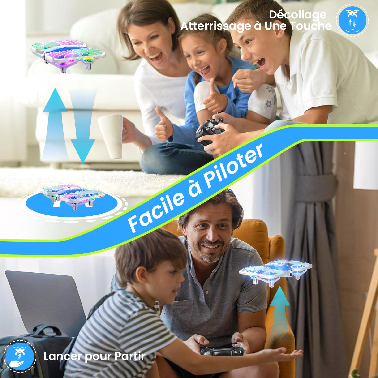 Drone pour enfants, drone HOFMOC avec 5 lumières LED, flip 3D, décollage/atterrissage automatique, mode sans tête, 3 vitesses, 22 minutes d'autonomie, jouet pour enfants à partir de 6 ans