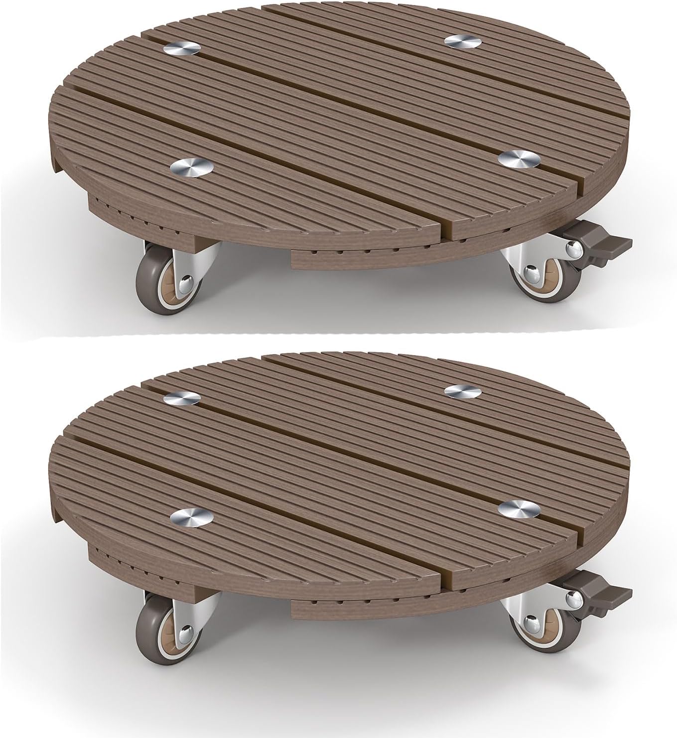 mondaria 2 Pack Plant Caddy with Wheels, 13.8" Wood Plastic Composite Plant Stand, Heavy Duty Round Plant Dolly with Metal 360° Lockable Caster Wheels for Large Plant Pots, Flower Pot ,Dark Brown