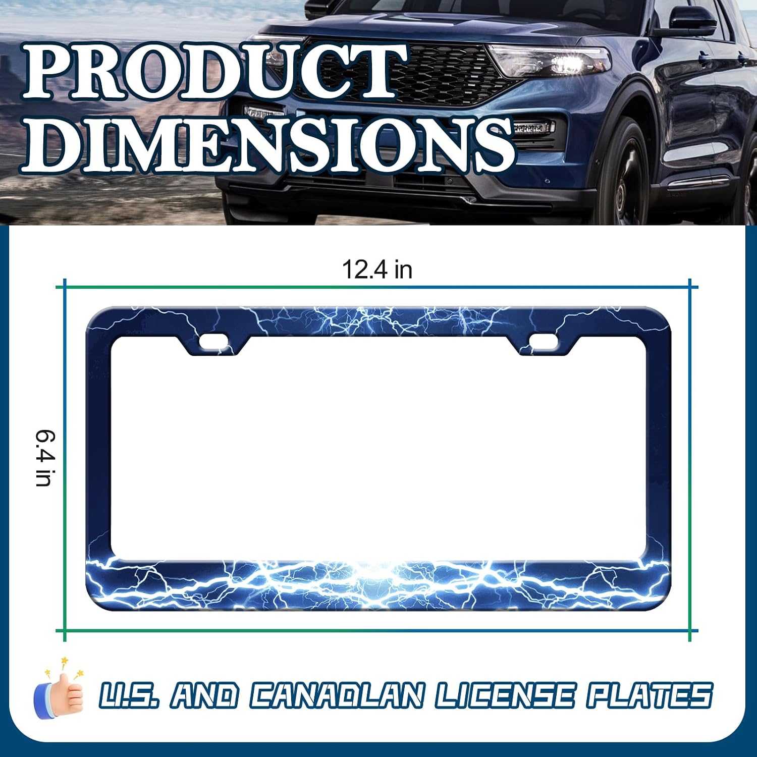 Blue Lightning License Plate Frames - 2 Pack Funny Thunder License Plate Holder Covers, Stainless Steel Rust-Proof Waterproof Car Decorative Tag Frames for Standard US 12x6 Inch image 2