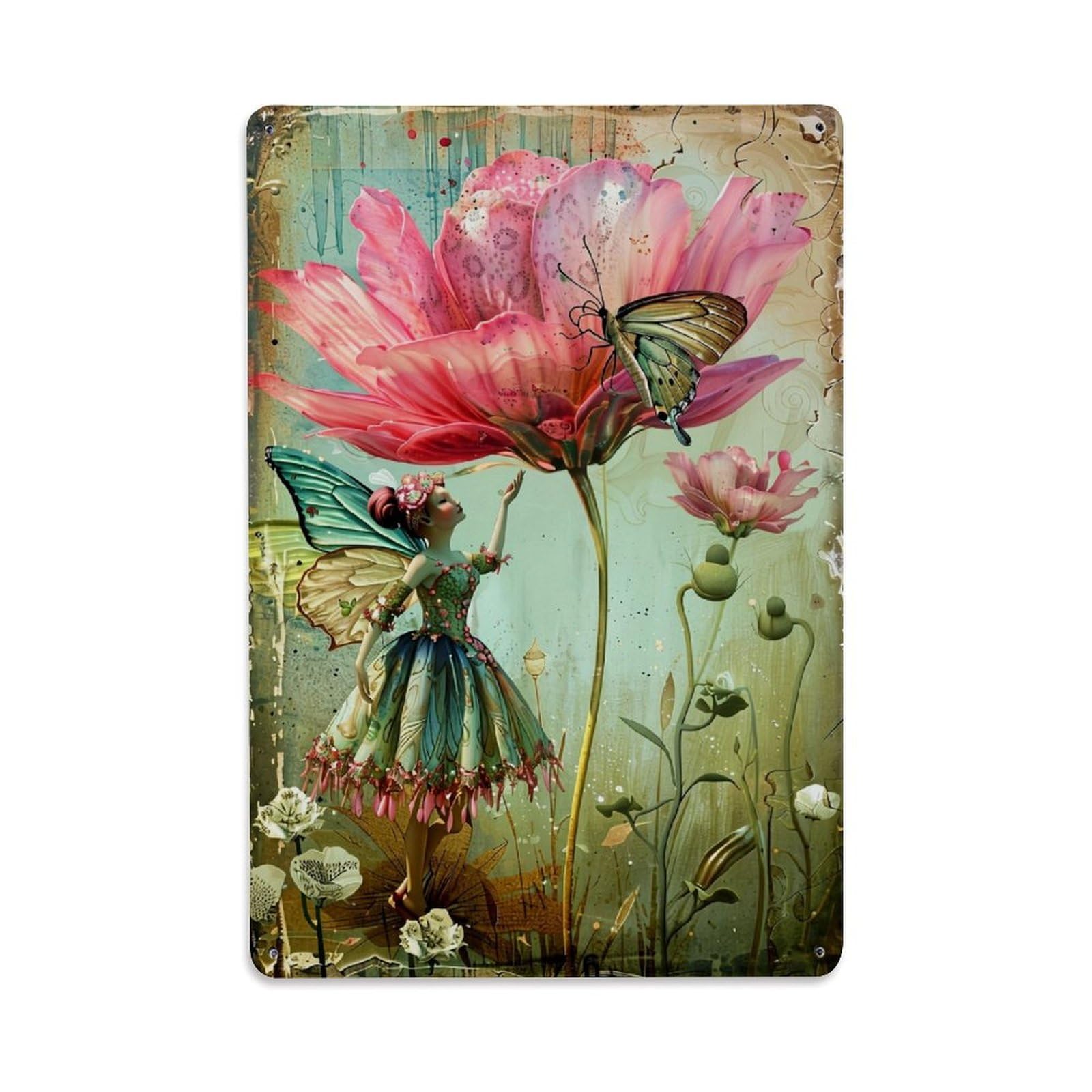 Fairy Flower Butterfly Garden Art Retro Metal Tin Sign, Vintage Decor Art Poster for Bar, Home, Man Cave, Kitchen, Laundry Room Gift 8x12Inch