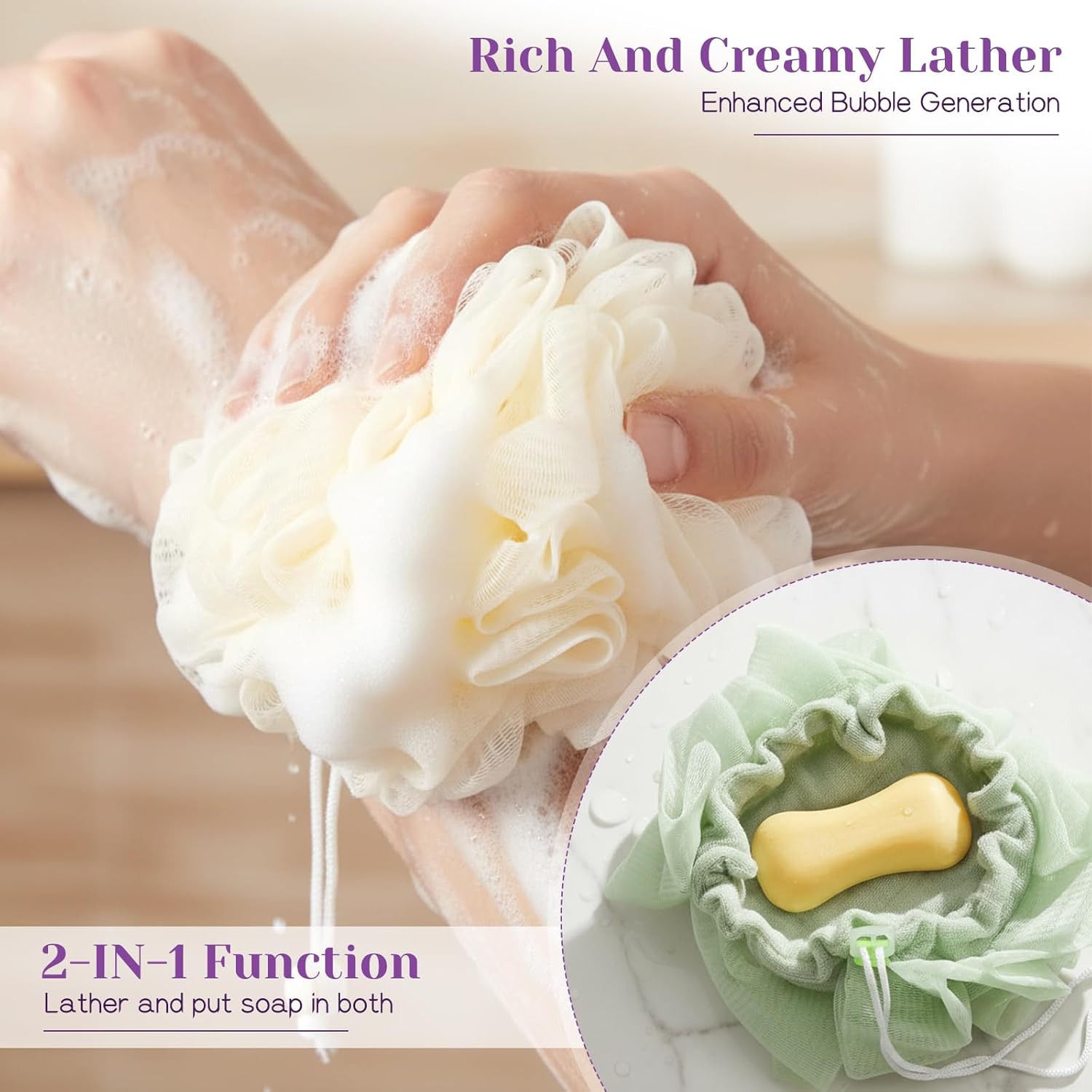 SHENLIU 12 Pack Loofah Washcloth Soap Bar Loofah, 2 in 1 Drawstring Exfoliation Bath Sponge with Bar Soap Pocket Exfoliation Mesh Shower Puff Ball Bath Shower Body Wash Cleansing Smooth Skin
