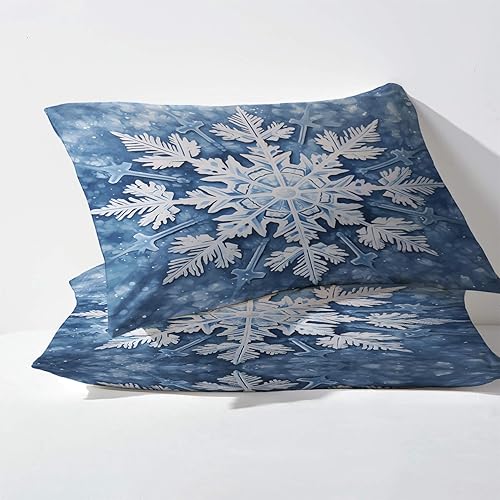 Miniatura 3 de Juego de sábanas de Navidad tamaño individual, sábanas de copo de nieve, sábanas y fundas de almohada estampadas de 3 piezas, sábana bajera