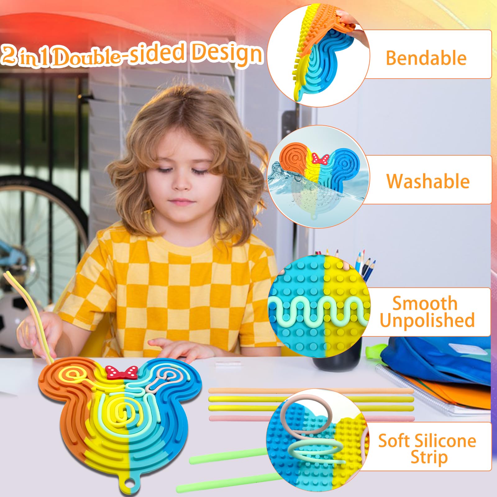 Felicify Push Peel Sensory Board, Sensory Activity Board with 12 Strings, Silicone Fidget Toy, Double Side Fidget Boar - Image 4