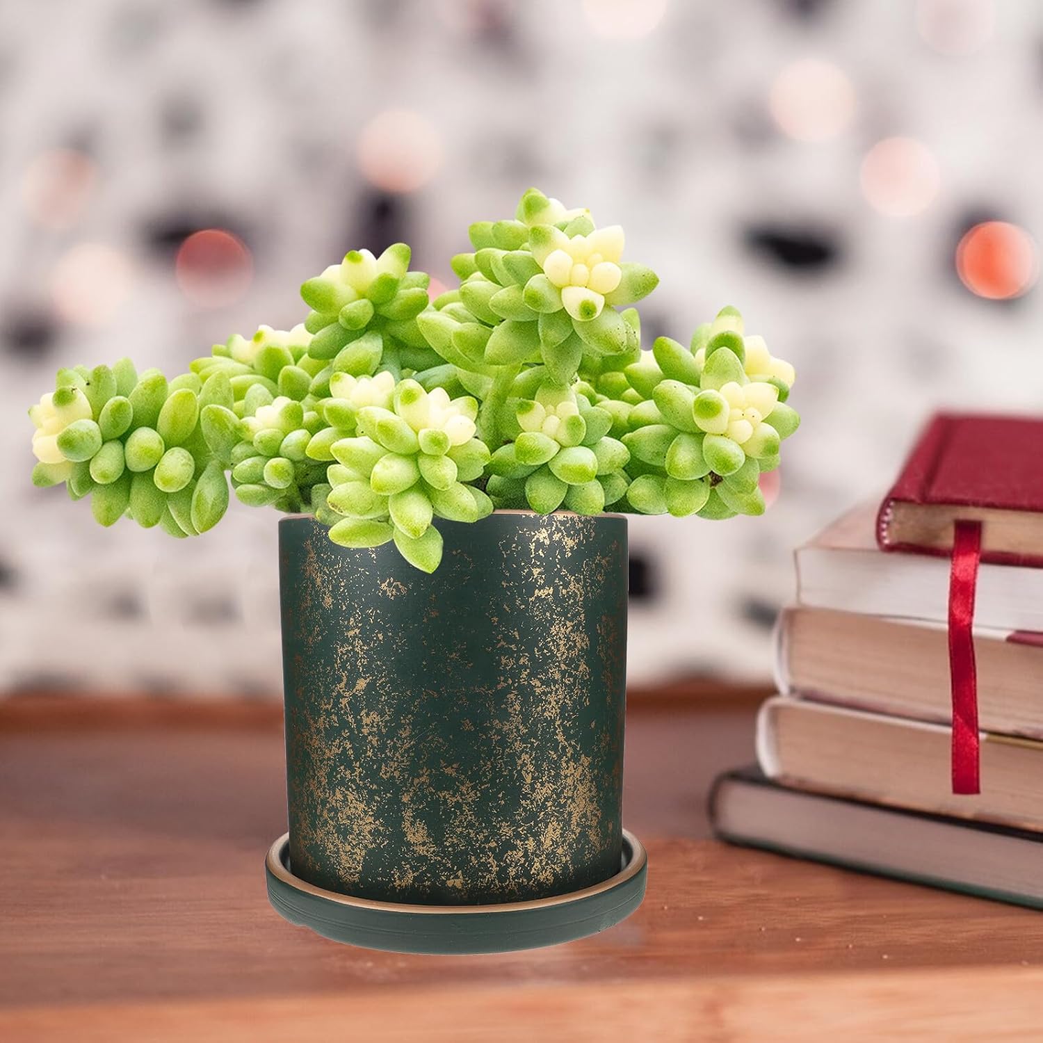 BESPORTBLE Ceramic Planter Pot with Tray for Succulent Plants, 17cm Green Flower Pot with Drainage Hole, Indoor and Outdoor Garden Bonsai Plant Container