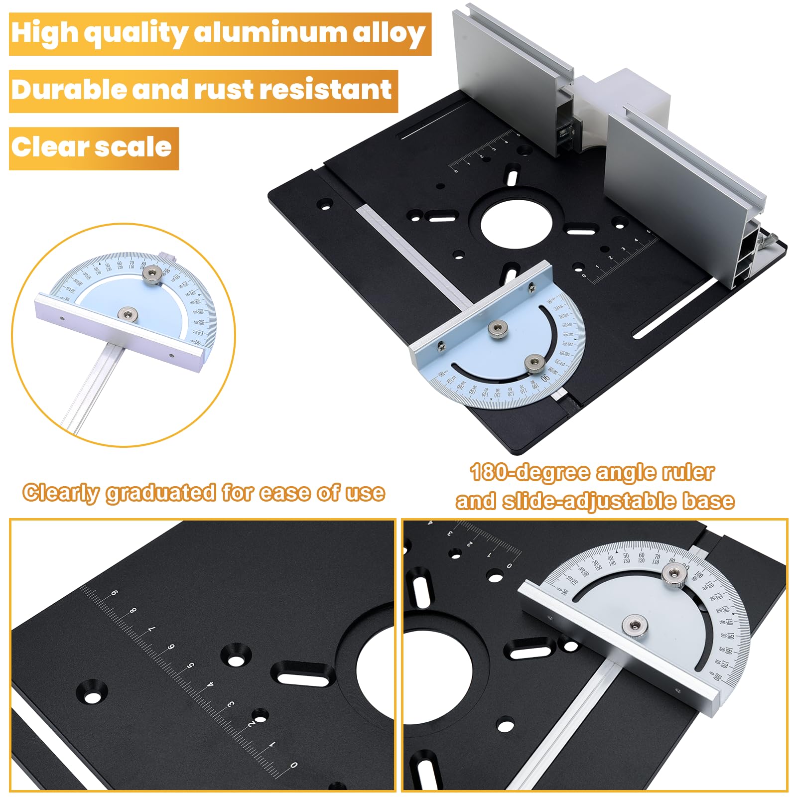 Placa de Inserción de Aluminio para Mesa de Fresadora con Guía Trasera y Regla de Ángulo, Negra
