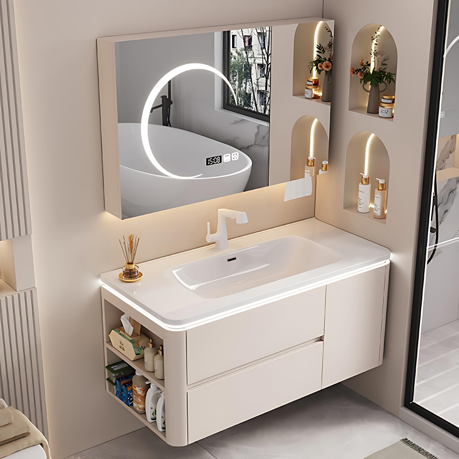 Genpai 36IN Single Cream Bathroom Vanity - Wall Mounted, Floating Sink, Included Solid Wood Vanity Set with LED Smart Defog Mirror Cabinet and Storage