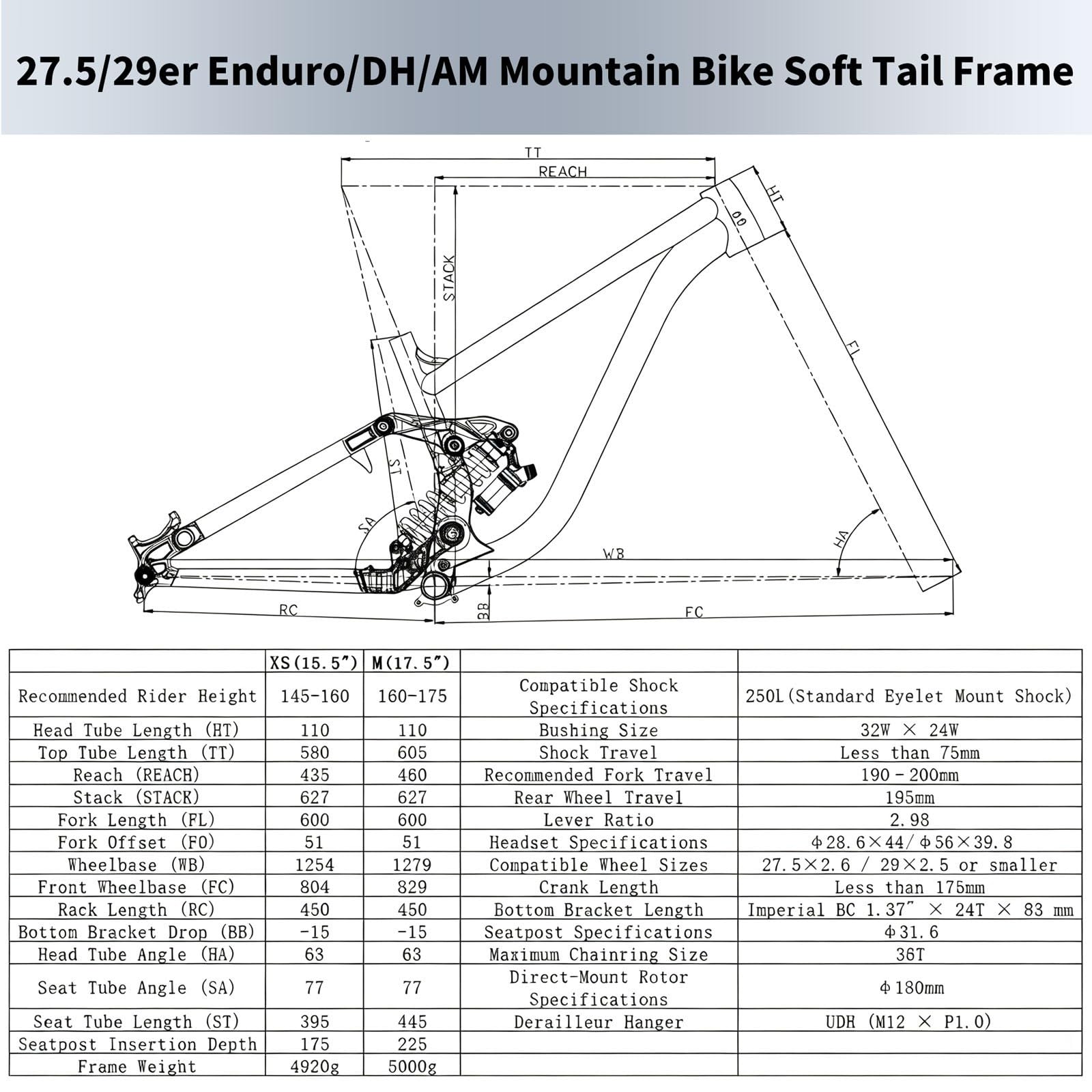 27.5/29er Cuadro De Suspensión Bicicleta De Montaña 15.5" 17.5" Marco MTB