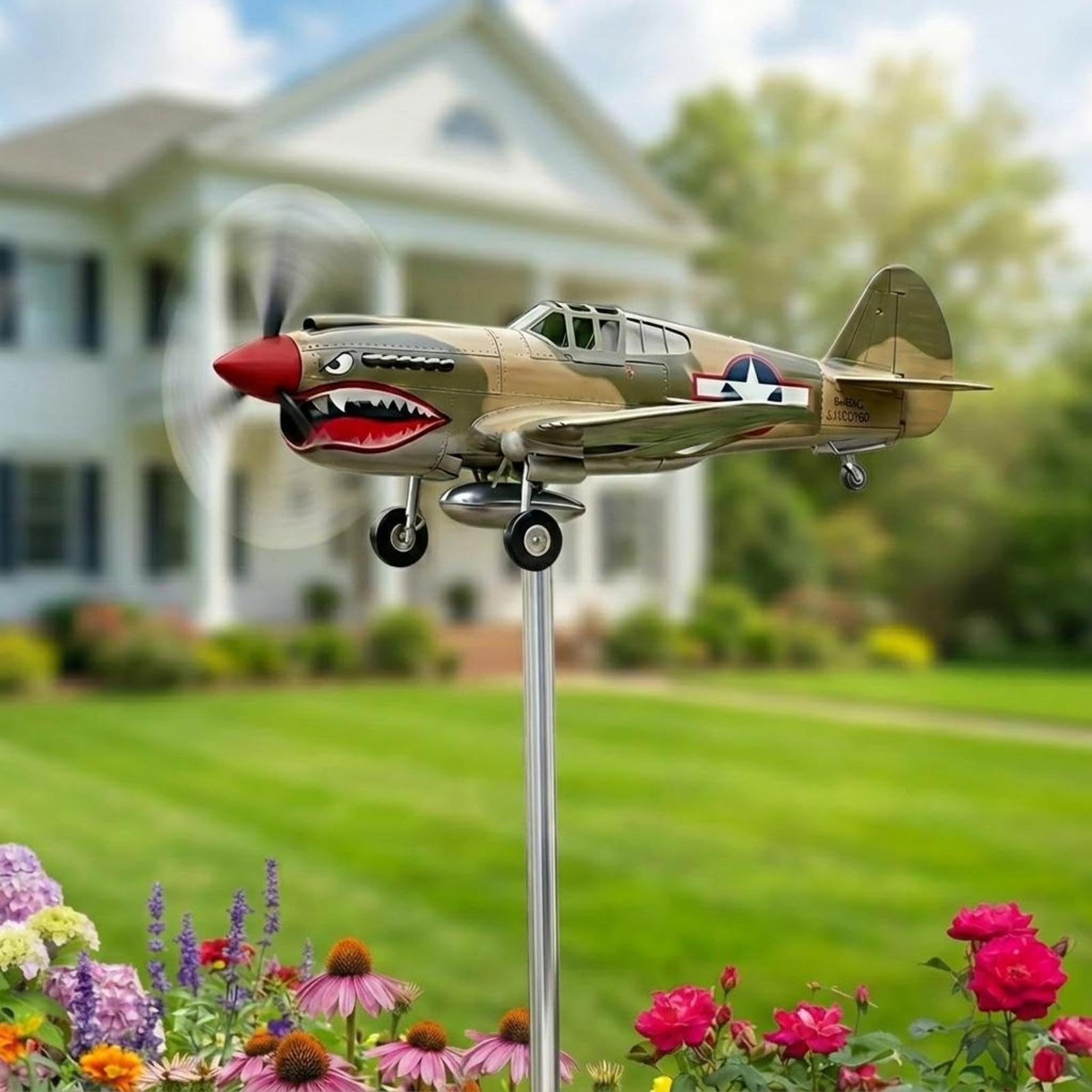 Wind Spinner - 3D Metal Weather Vane P-40 Fighter | Outdoor Yard Art Propeller Windmill For Lawn Garden Patio | Rust Proof & Dynamic Rotating Coating & Yard Art Decor Patio