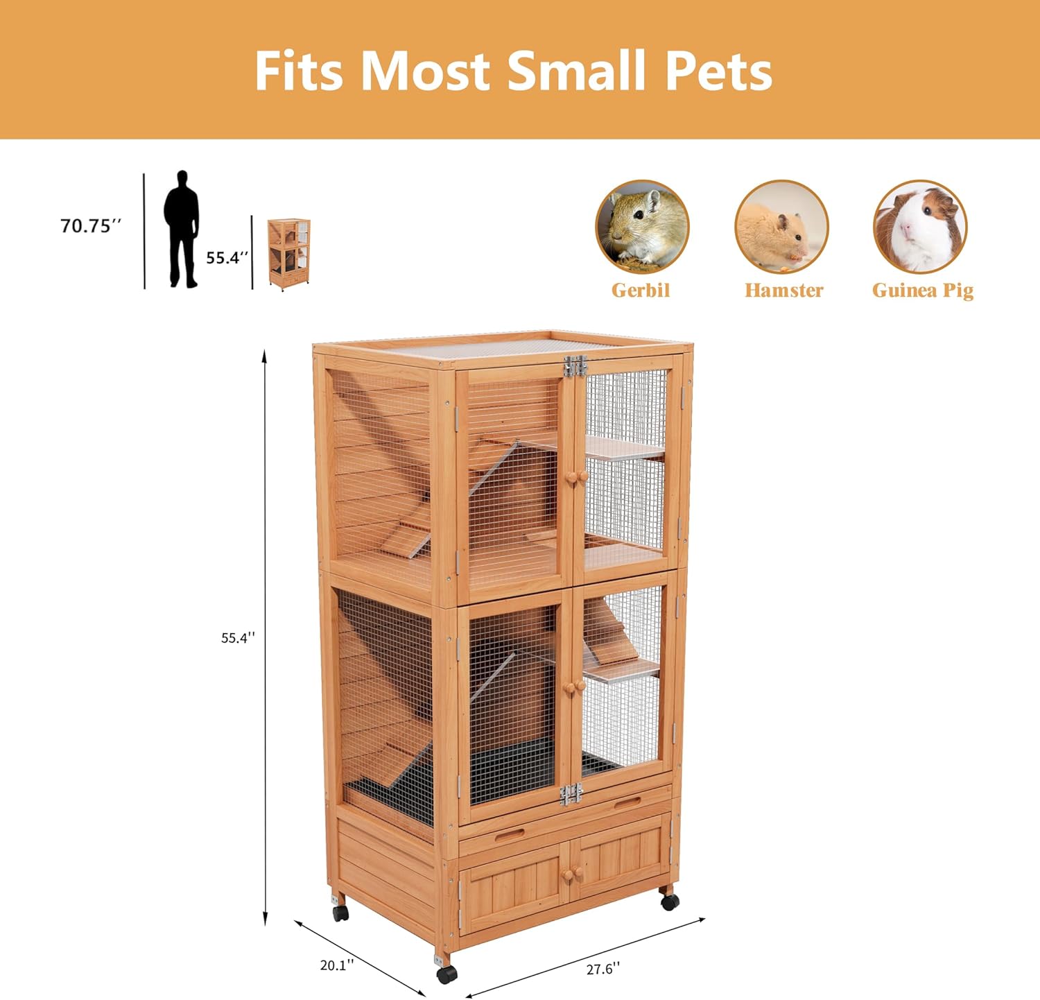 2-Tier Wooden Hamster Cage with Wheels, Guinea Pig Cage for Small Animals with Storage Cabinet, Large Hamster Cage and Habitat with Pull Out Drawer for Hamster, Rabbit, Hedgehog, Easy to Clean