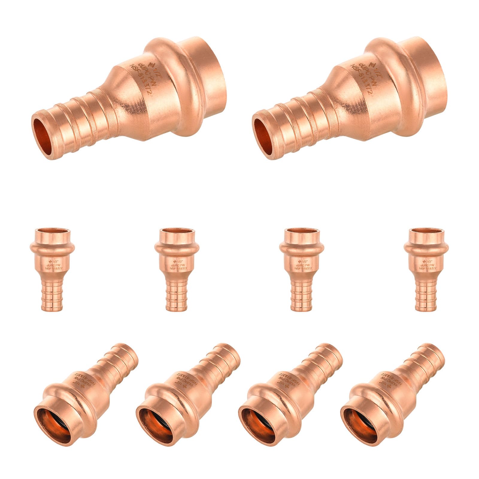 Paquete de 10 Conectores Foskan de 1/2" PEX con engaste x 1/2" de Cobre a presión, Accesorio de tubería de conexión a presión, diseño LBP para tubería de Cobre.