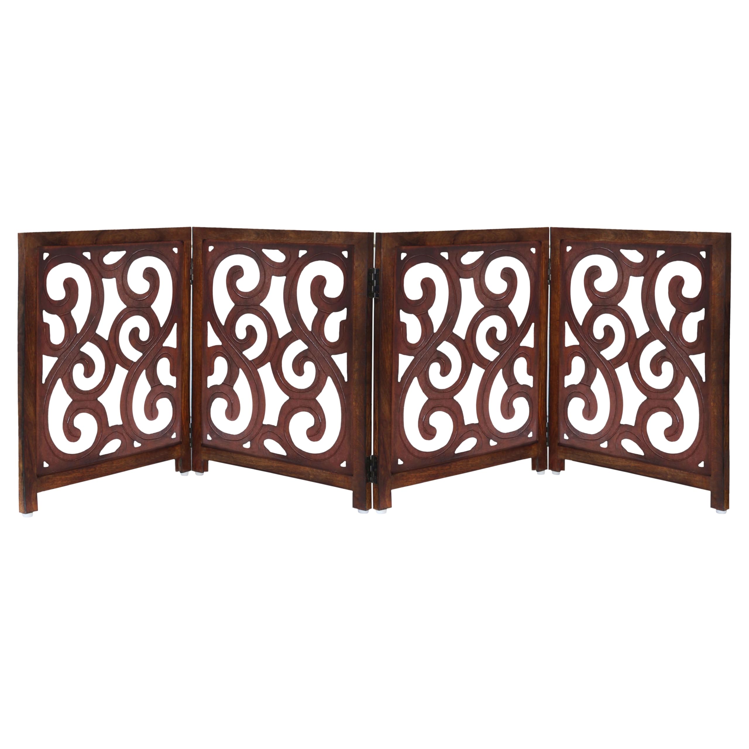 Wooden Foldable Pet Dog Safety Gate - 4 Panels Scroll 20 W x 24 H- Hand Carved Solid Wood & MDF- Free Standing Portable Indoor Doorway Hall Stairs