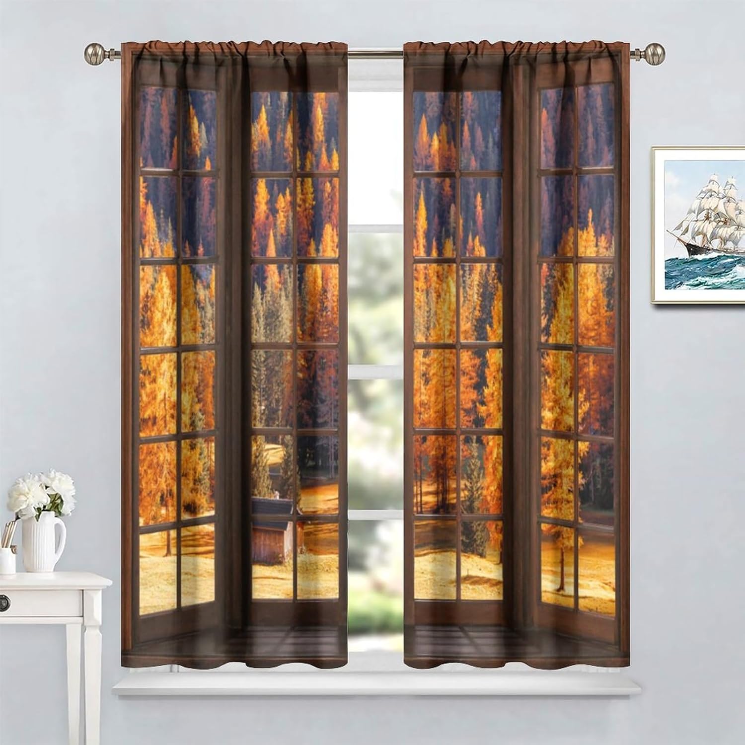 Nature Forest Kitchen Curtains,Rustic Country French Autumn Forest Landscpae Cabin House Nature View 3D Print Rod Pocket Blackout Window Drapes for Bedroom 21x45in,2 Panel Set